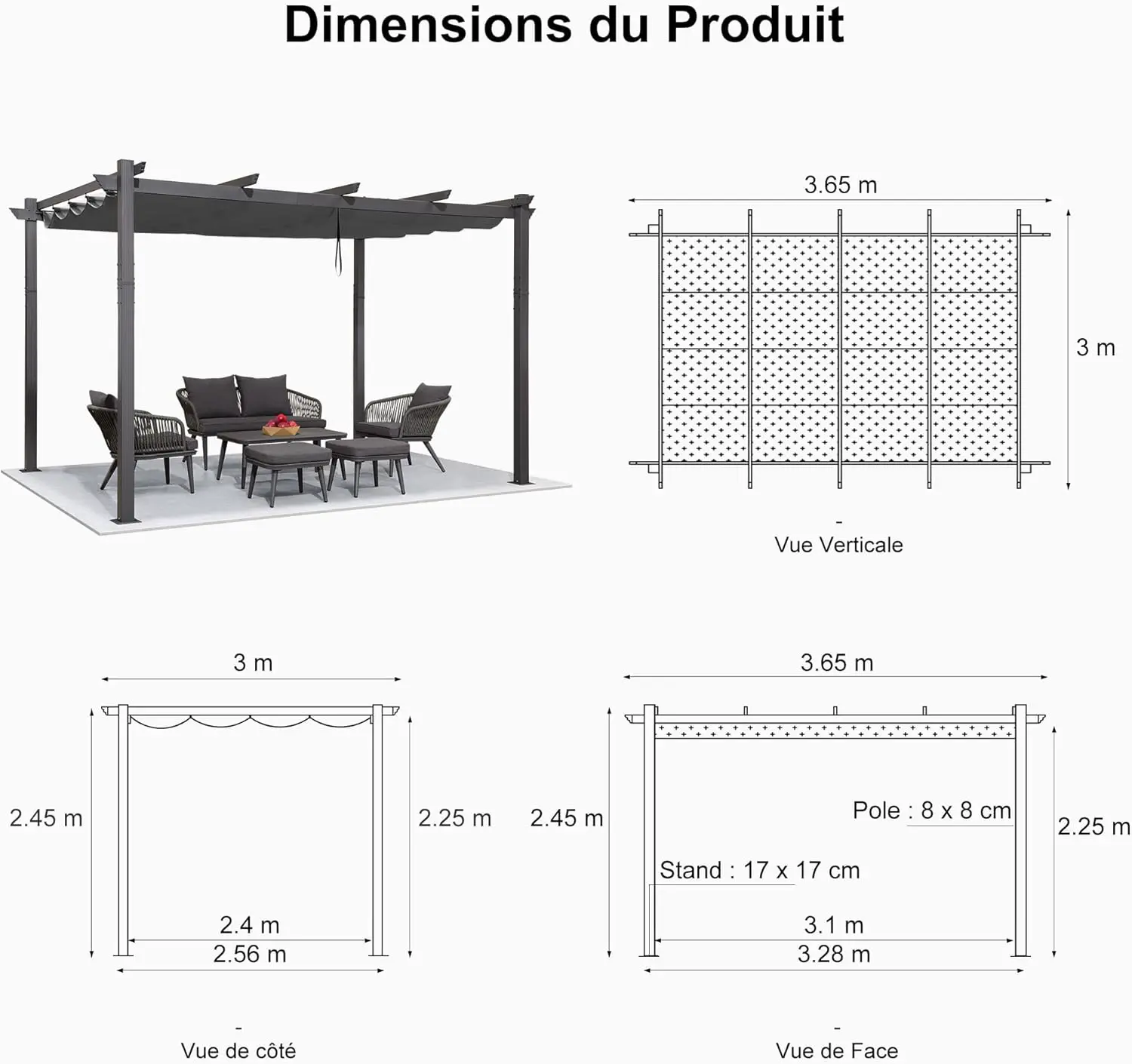 Pergola en aluminium gris 3,65x3 m vue 5