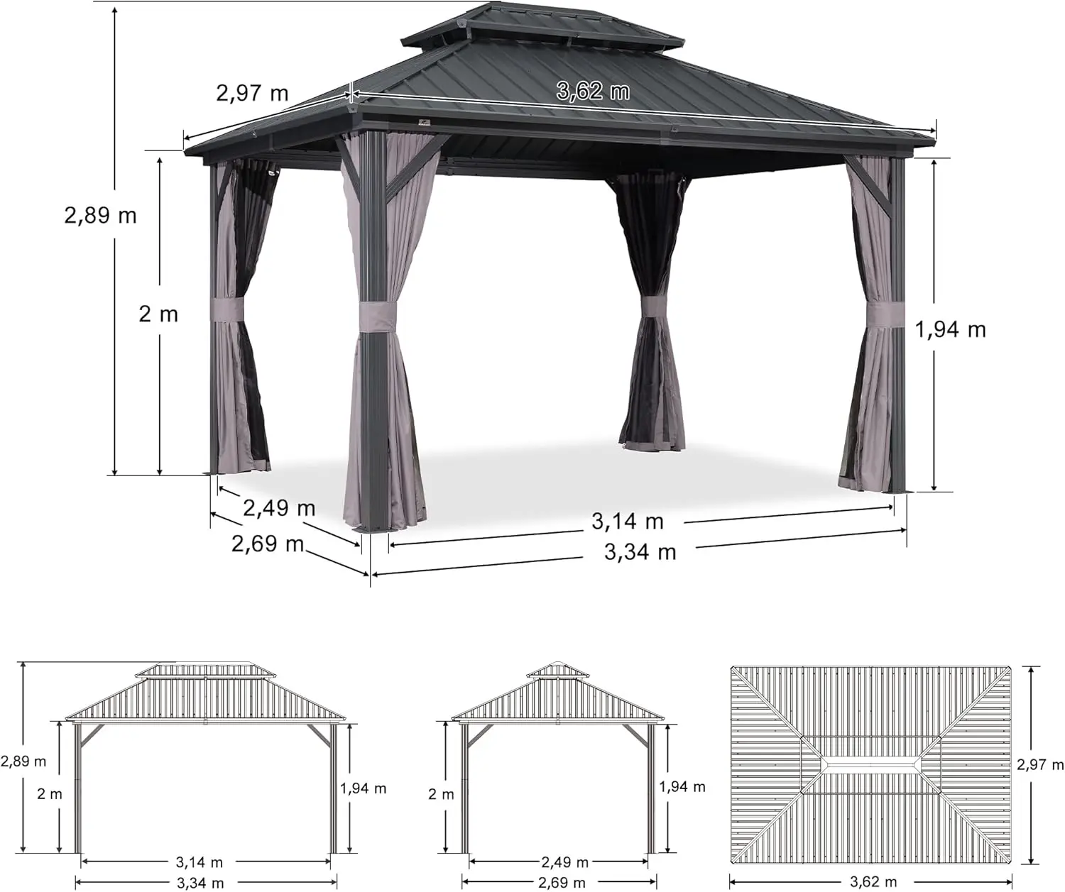 Pergola en aluminium gris 3,65x3 m vue 3