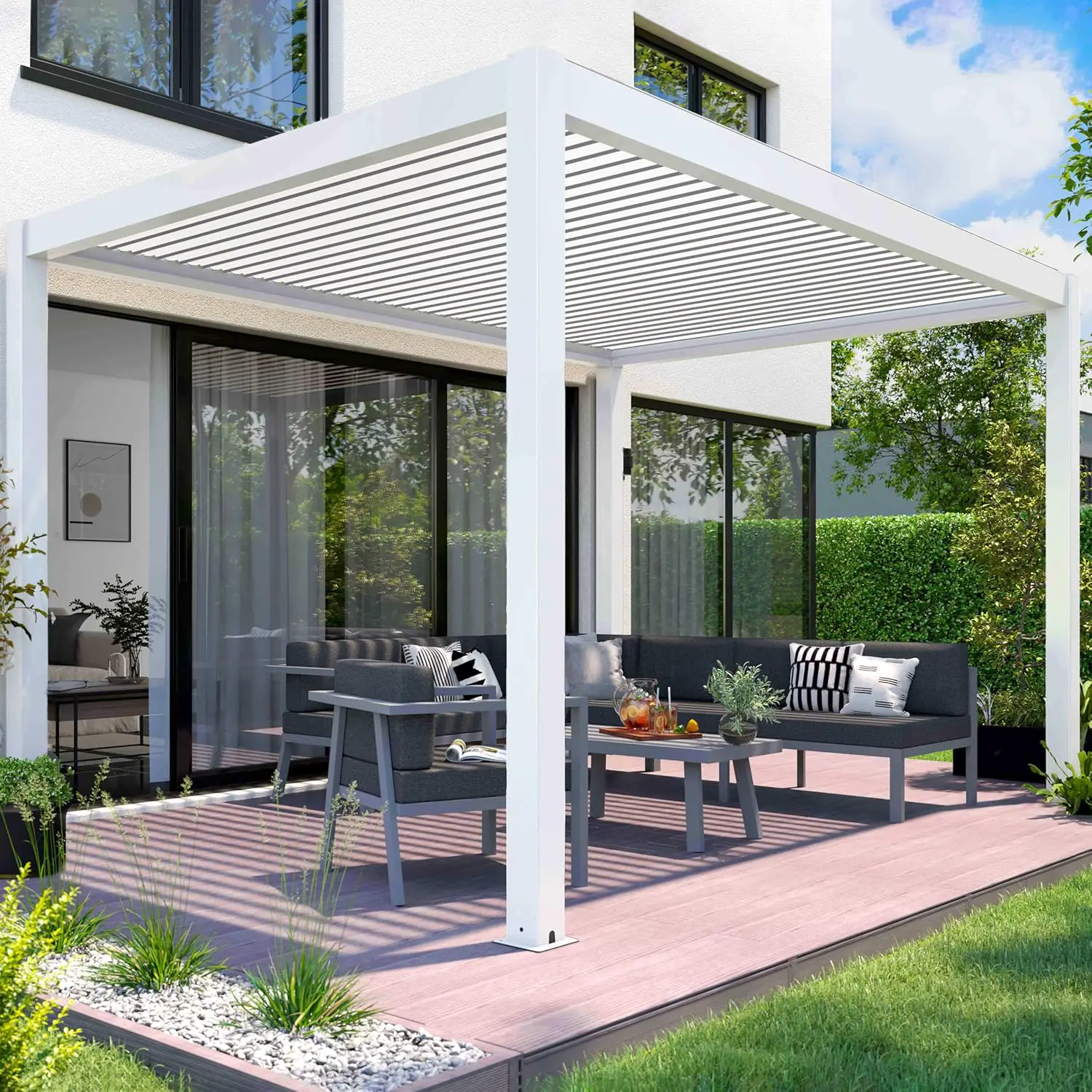 Oviala Pergola bioclimatique autoportée motorisée et éclairée 3x4 m Blanc