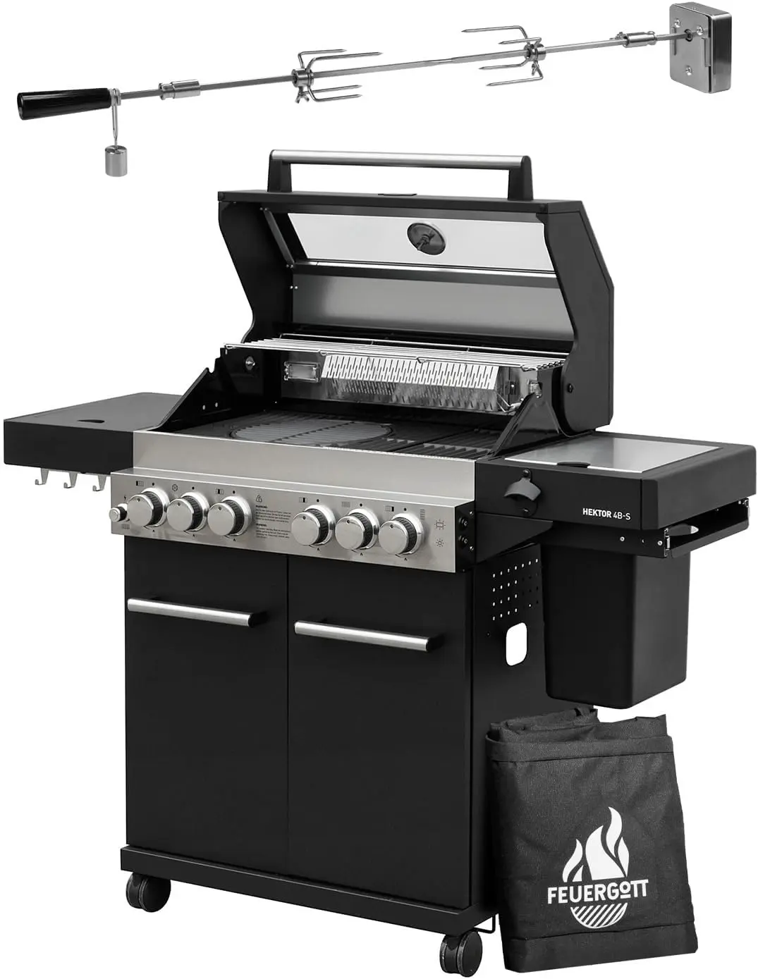Barbecue à gaz Feuergott Hector 4B-S avec broche rotative et housse