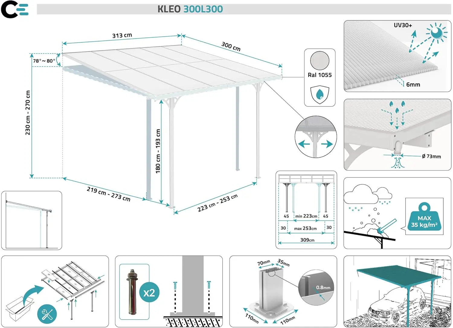 Pergola en aluminium blanc 3x3 m adossée vue 2