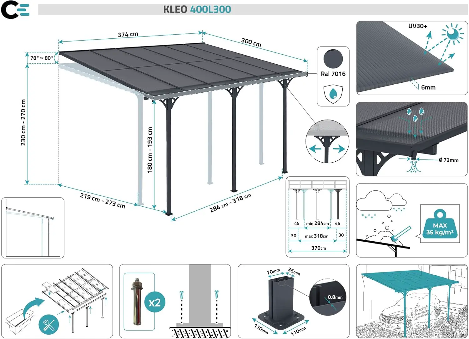 Pergola en aluminium gris 3,7x3 m adossée vue 2