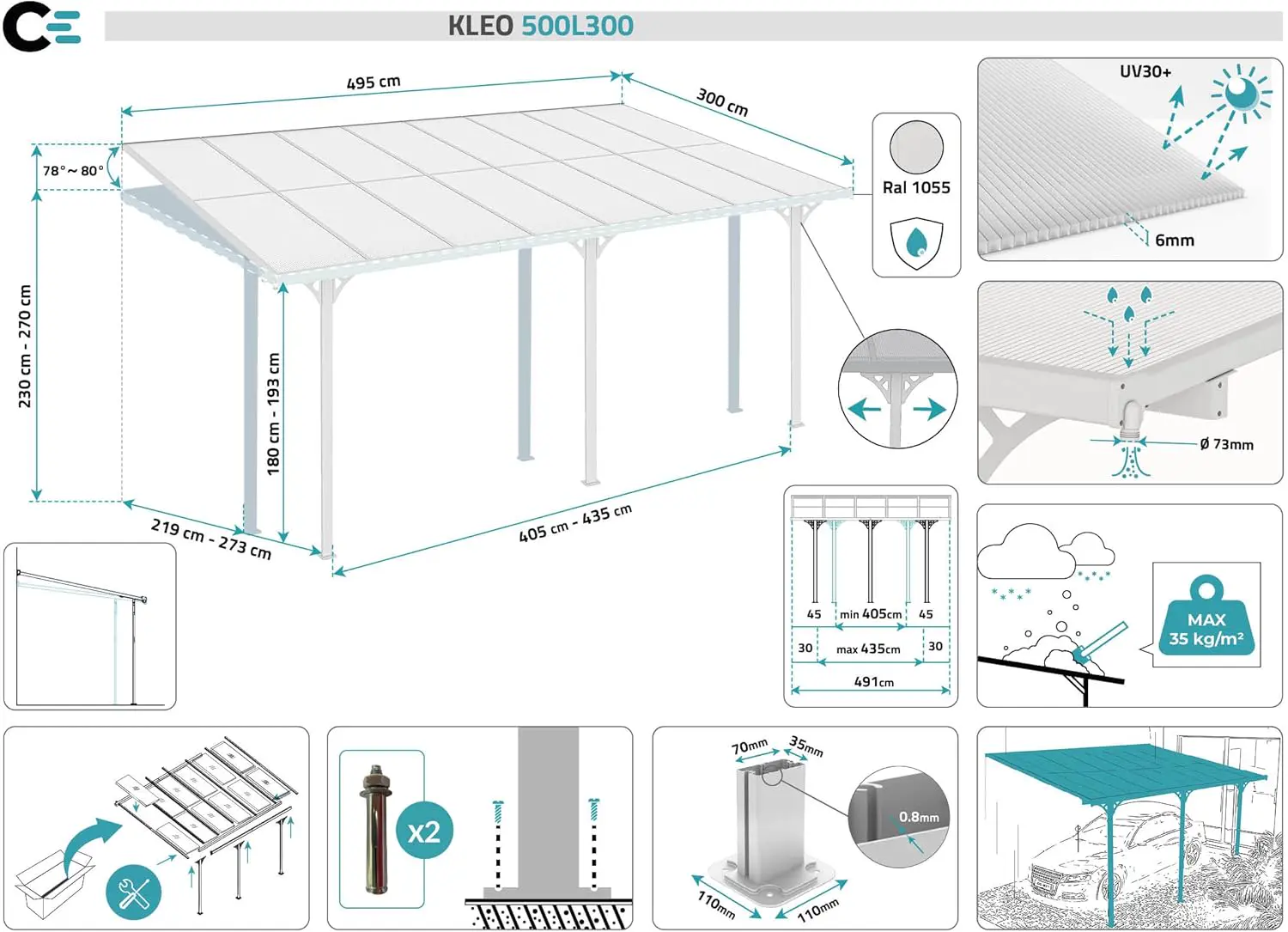 Pergola en aluminium blanc 5x3 m adossée vue 2