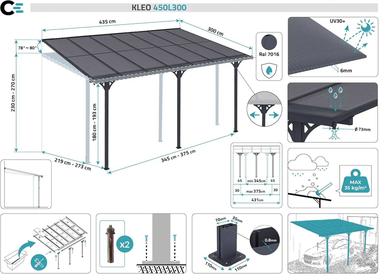 Pergola en aluminium gris 4,5x3 m adossée vue 2
