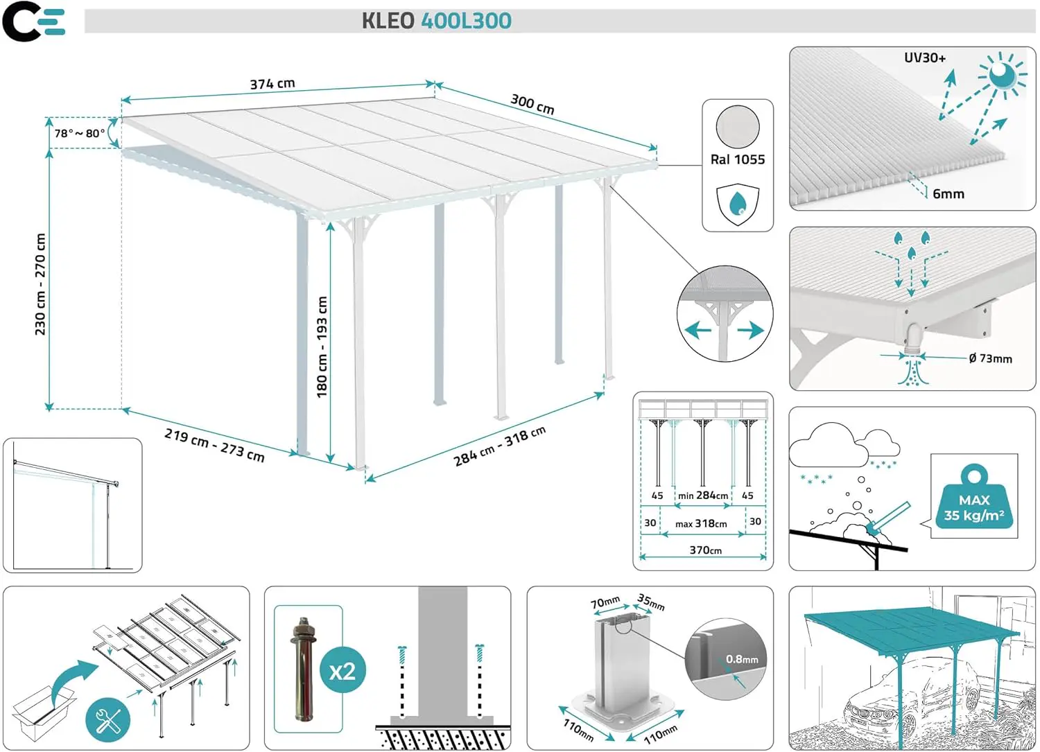 Pergola en aluminium blanc 4x3 m adossée vue 2