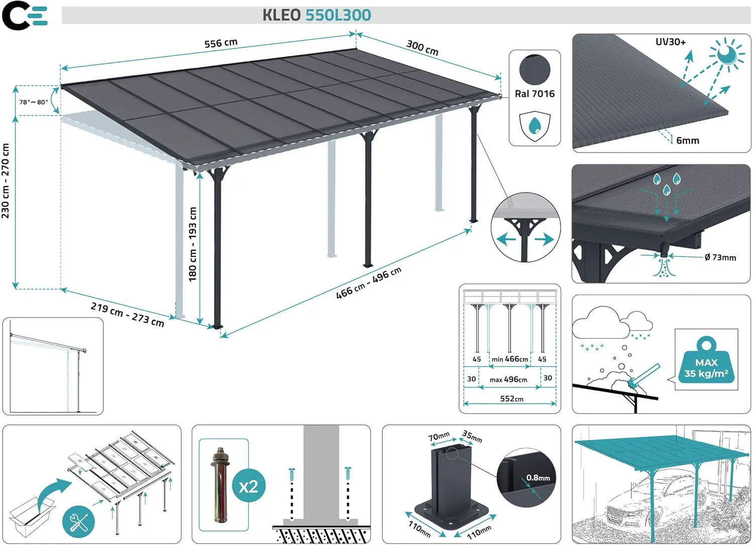 Pergola en aluminium gris 5,5x3 m adossée vue 2