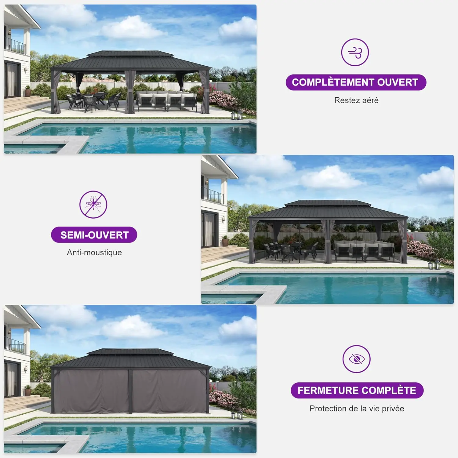Pergola en aluminium gris 7,32x4,25 m vue 3