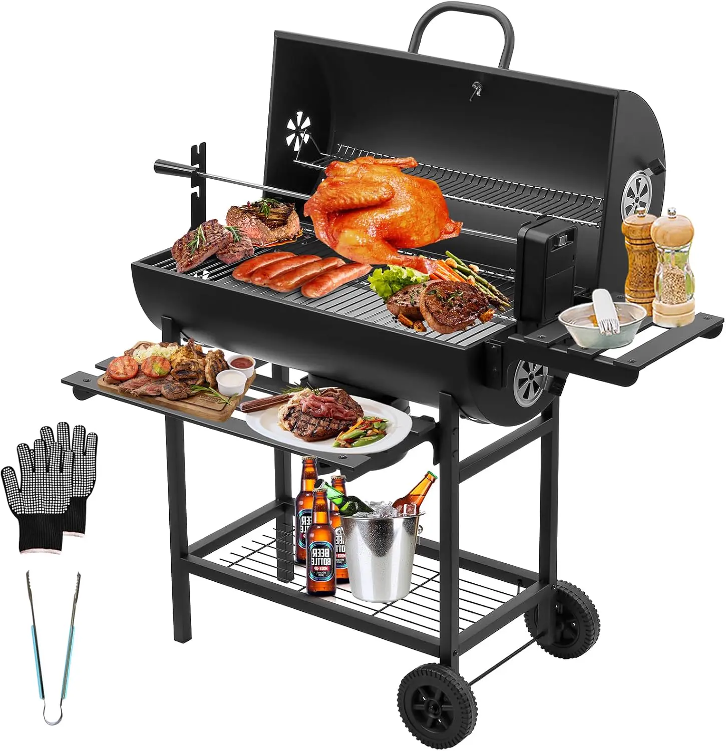 TEENO Chariot à Barbecue de Bois,Grill XXL à Charbon avec Couvercle