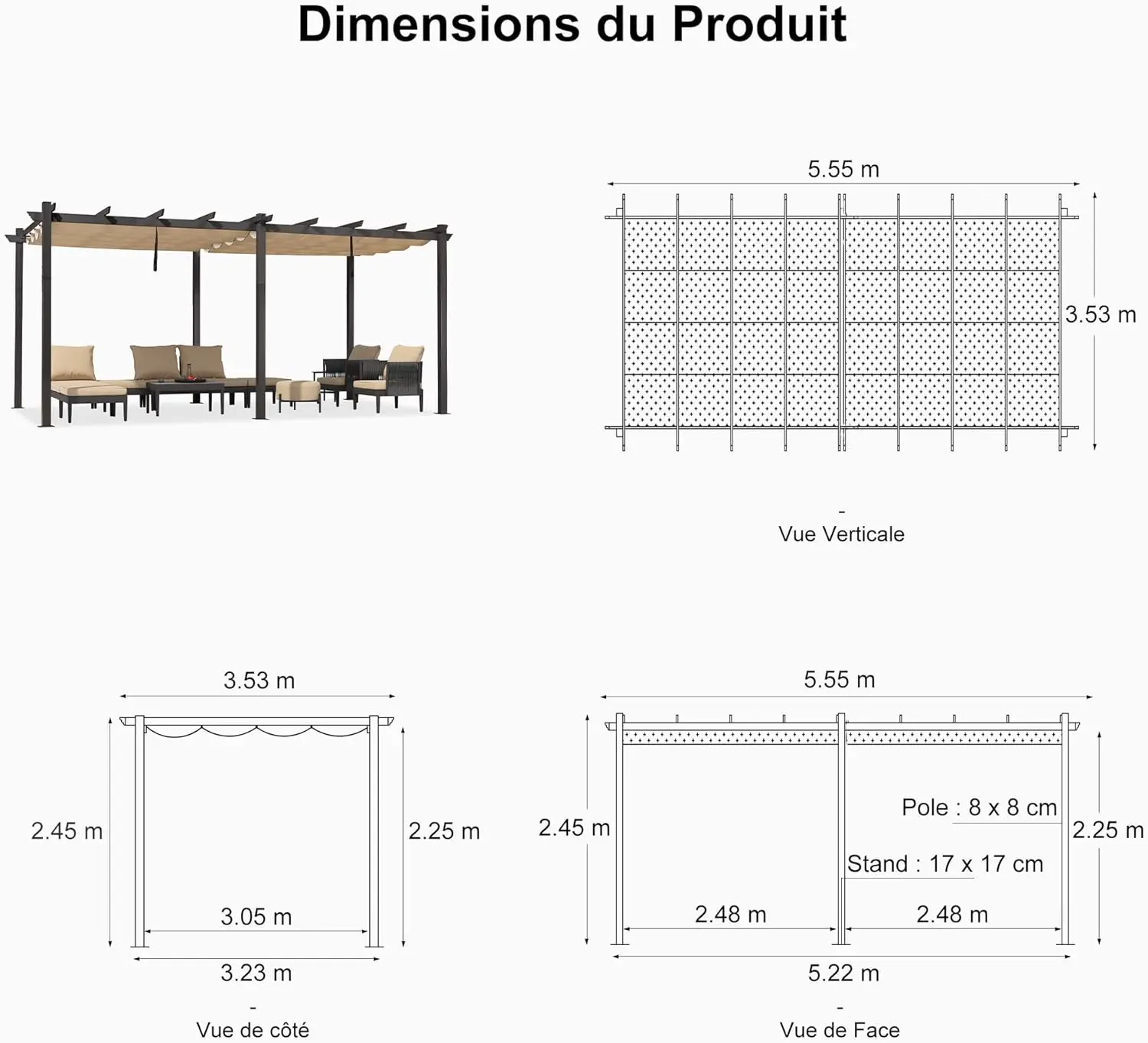 Pergola en aluminium kaki 5,5x3,5 m vue 4