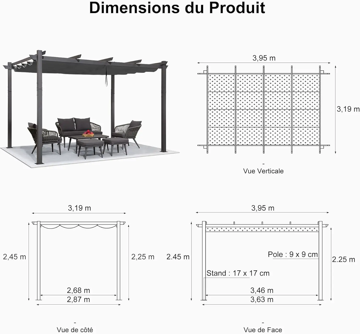 Pergola en aluminium gris 4x3,2 m vue 4