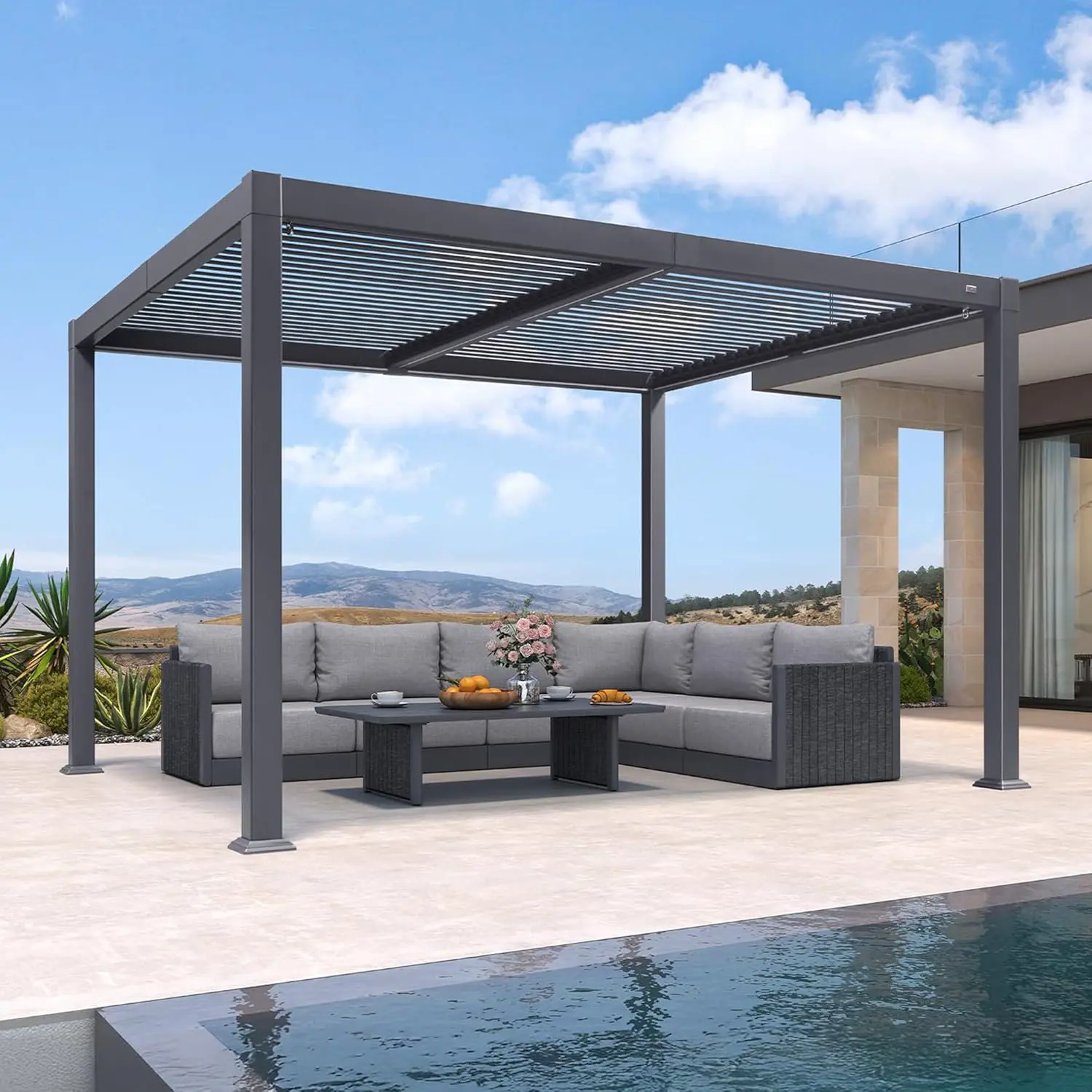 Pergola en aluminium gris 3x3,65 m vue 3