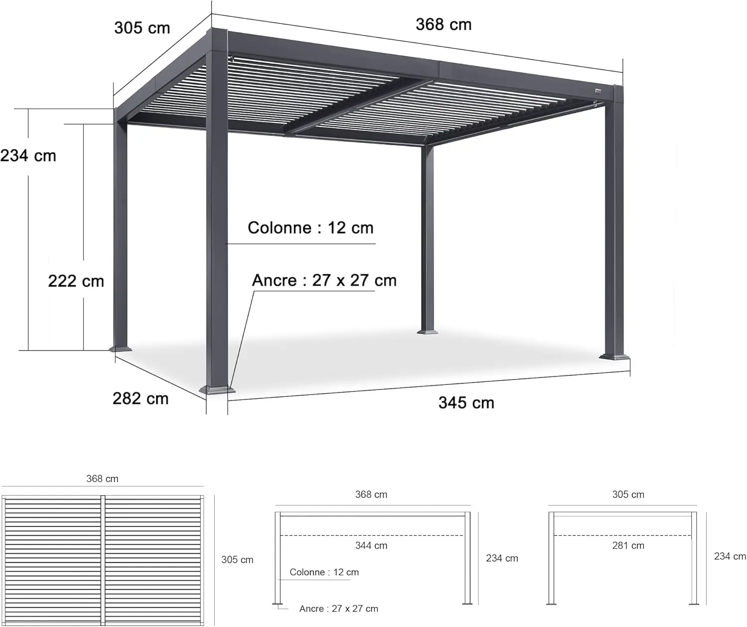 Pergola en aluminium gris 3x3,65 m vue 4