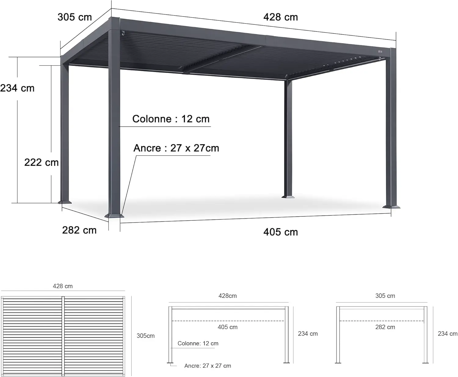 Pergola en aluminium gris 3x4,25 m vue 3