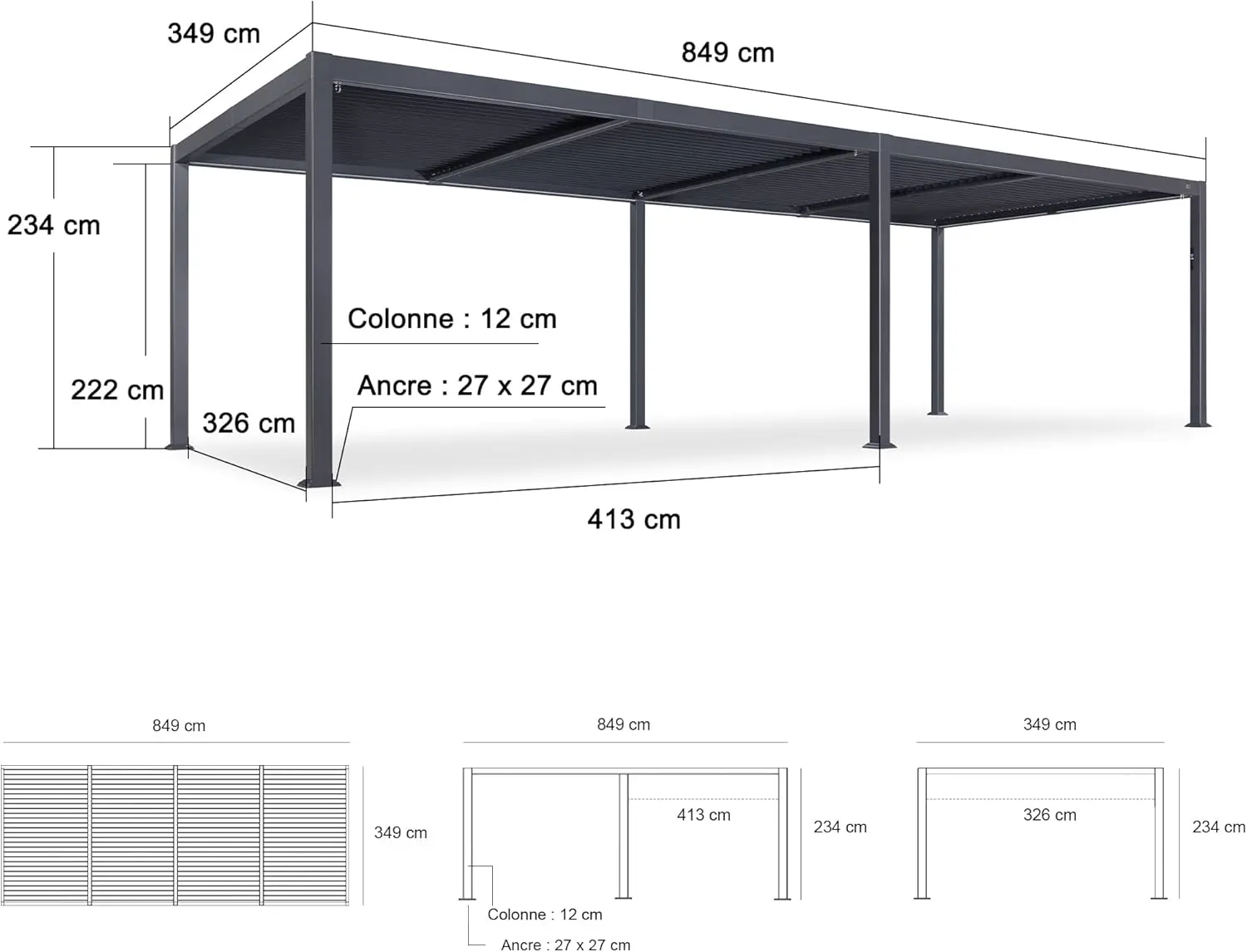Pergola en aluminium gris 3,5x8,5 m vue 3