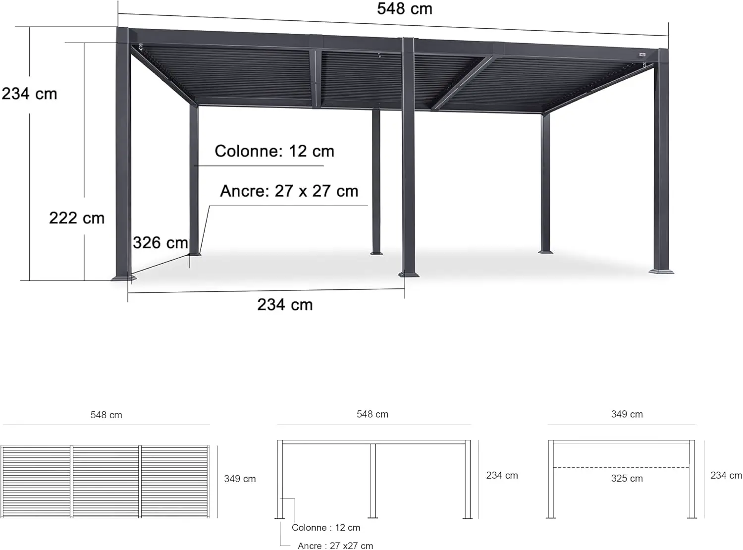 Pergola en aluminium gris 3,5x5,5 m vue 3
