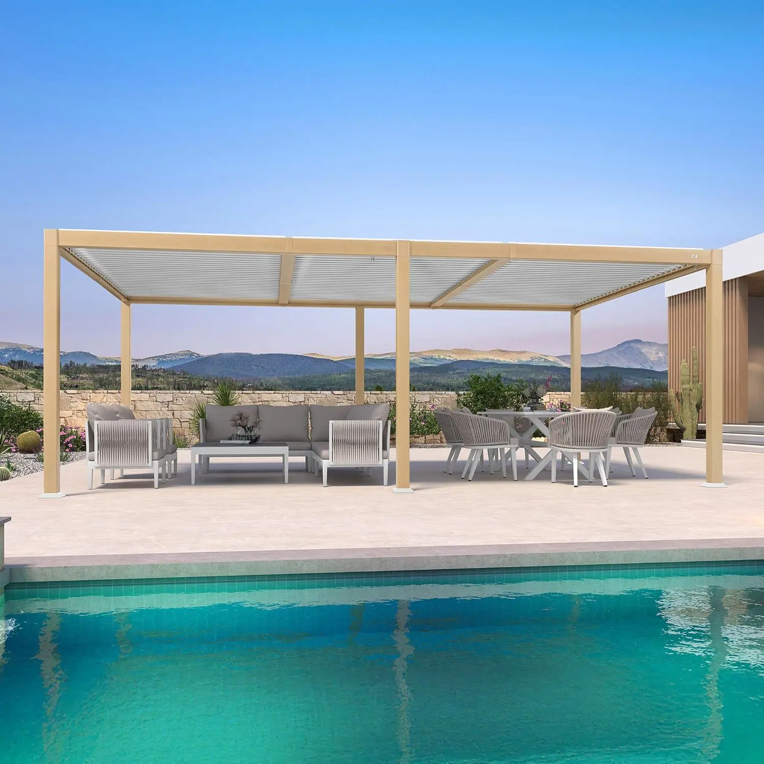 PURPLE LEAF Pergola Bioclimatique en Effet Bois Aluminium 3,5 x 6,35 m