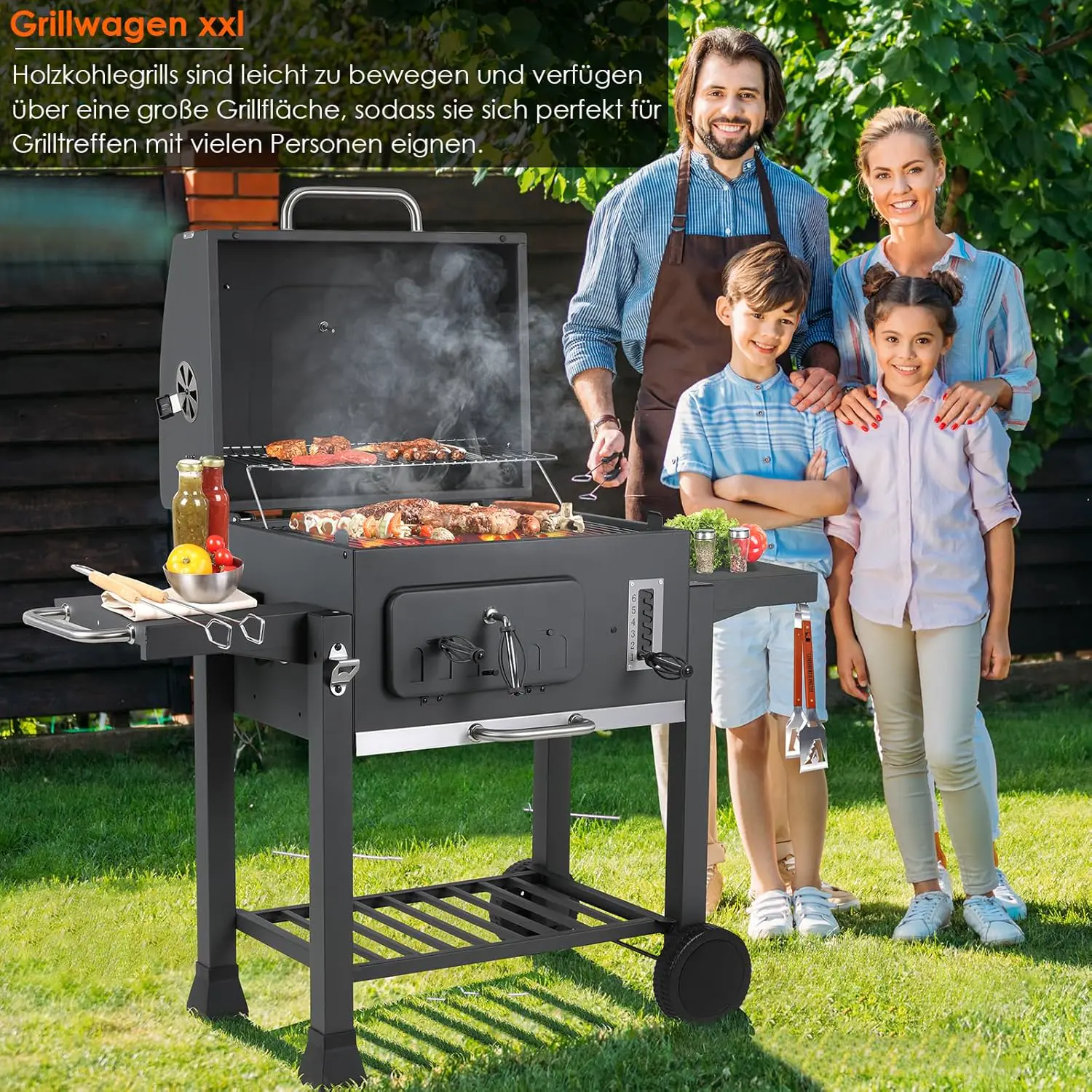 Barbecue à charbon en bois gris vue 3