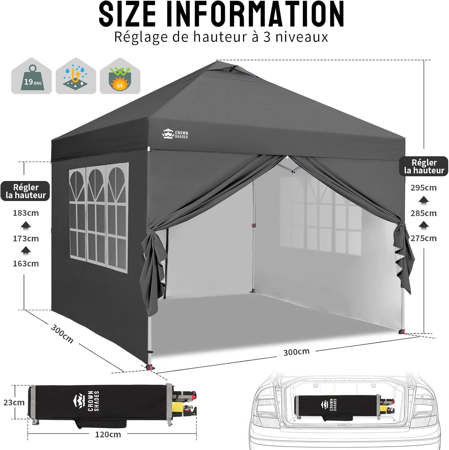 Tonnelle gris 3x3 m vue 3