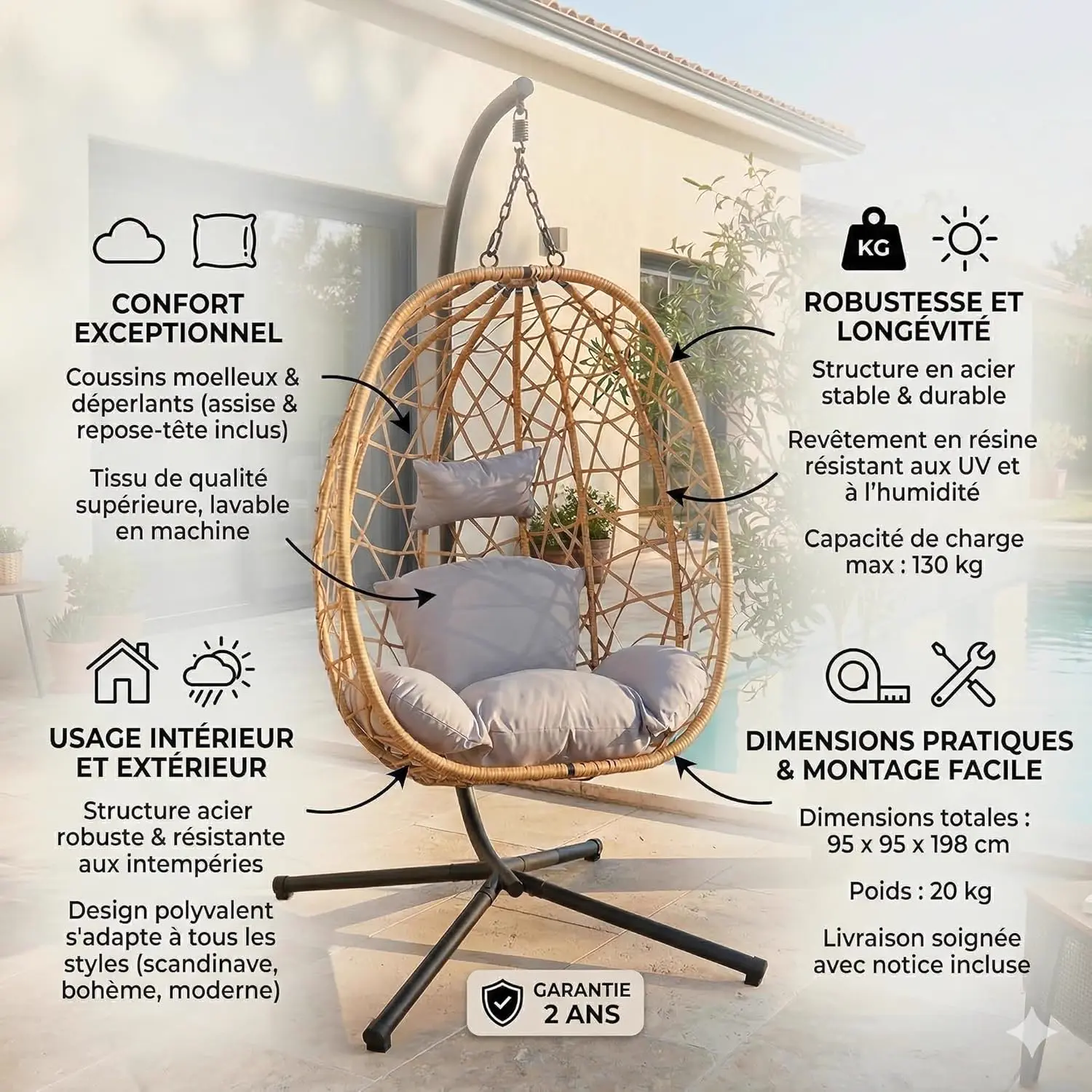 Fauteuils suspendus en résine naturel vue 2