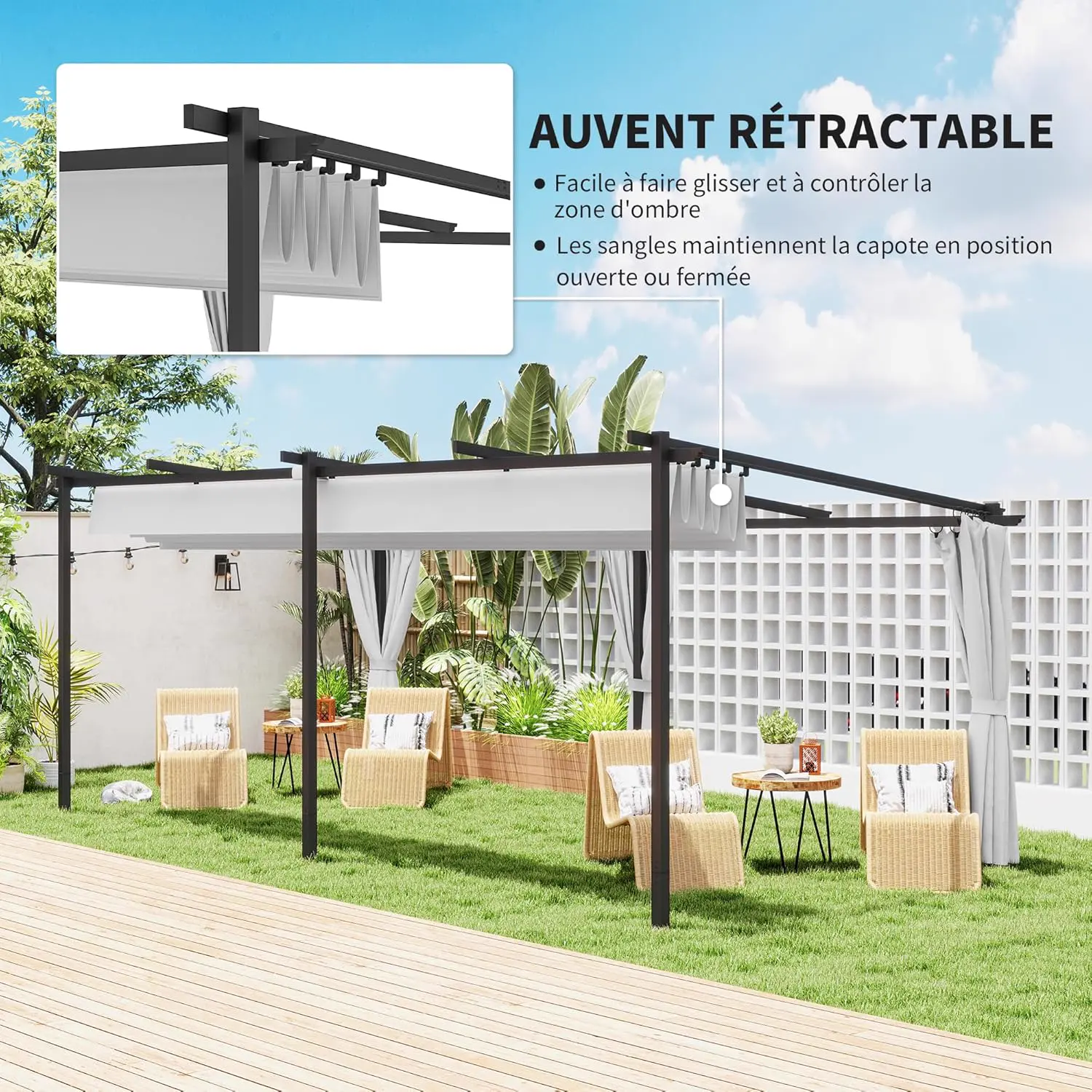 Pergola en métal gris 3x6 m rétractable vue 3