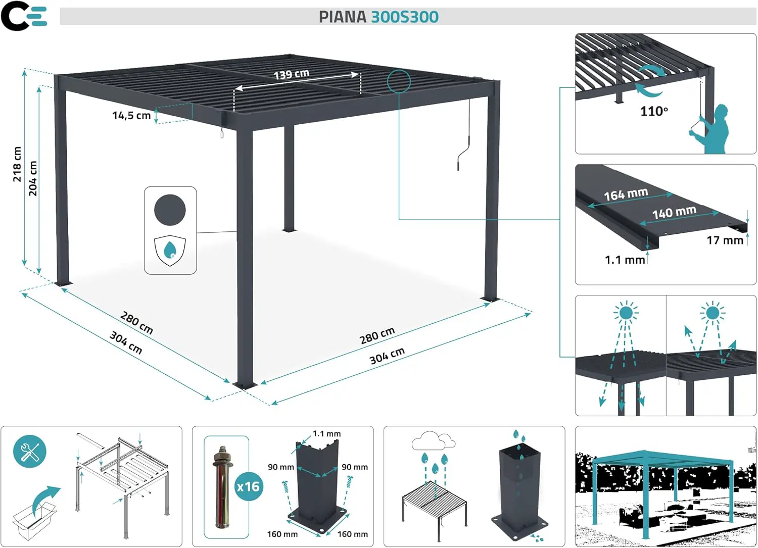 Pergola en aluminium gris 3x3 m vue 2