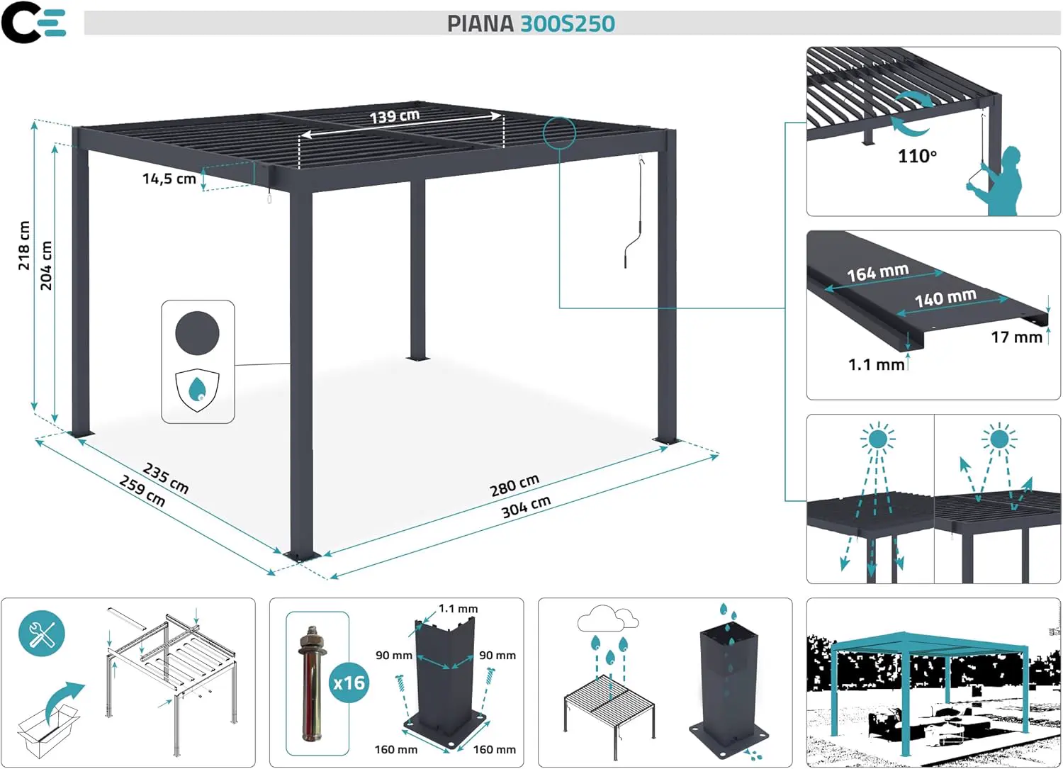 Pergola en aluminium gris 3x2,5 m vue 2