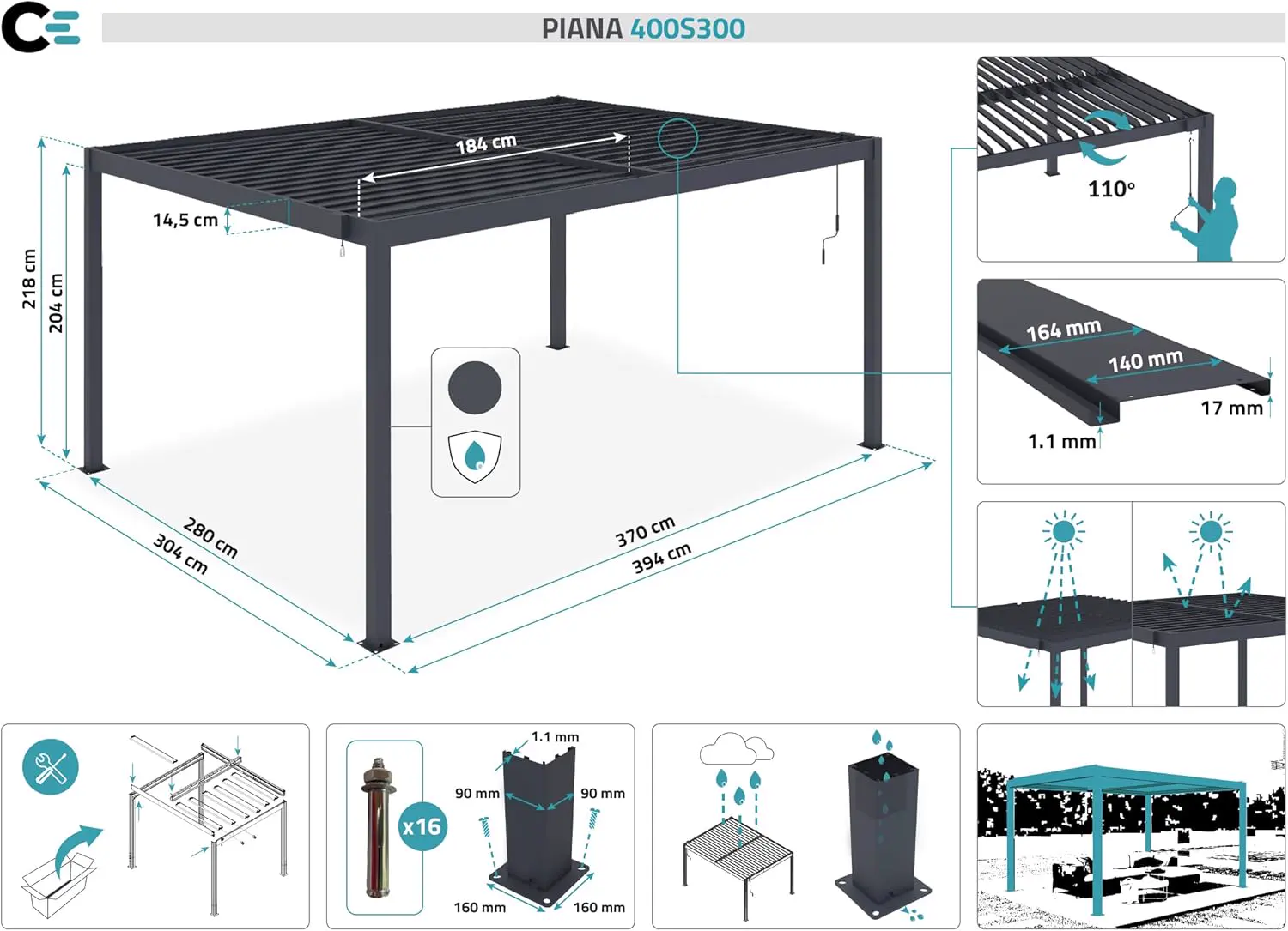 Pergola en aluminium gris 4x3 m vue 2