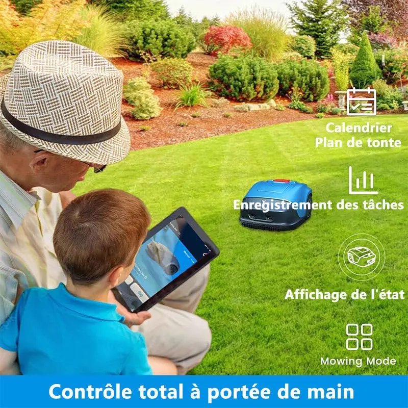 Robot tondeuse bleu vue 2