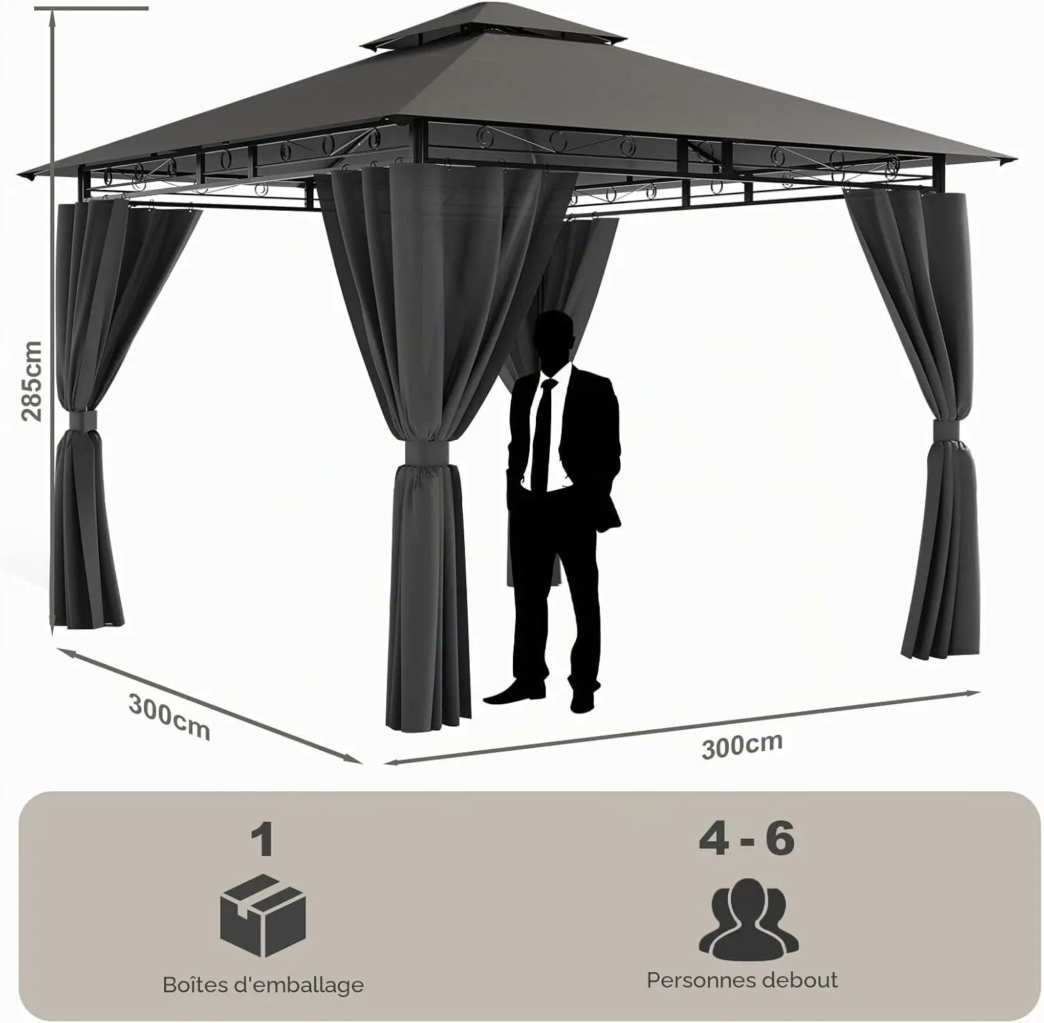 Tonnelle en aluminium gris 3x3 m vue 3