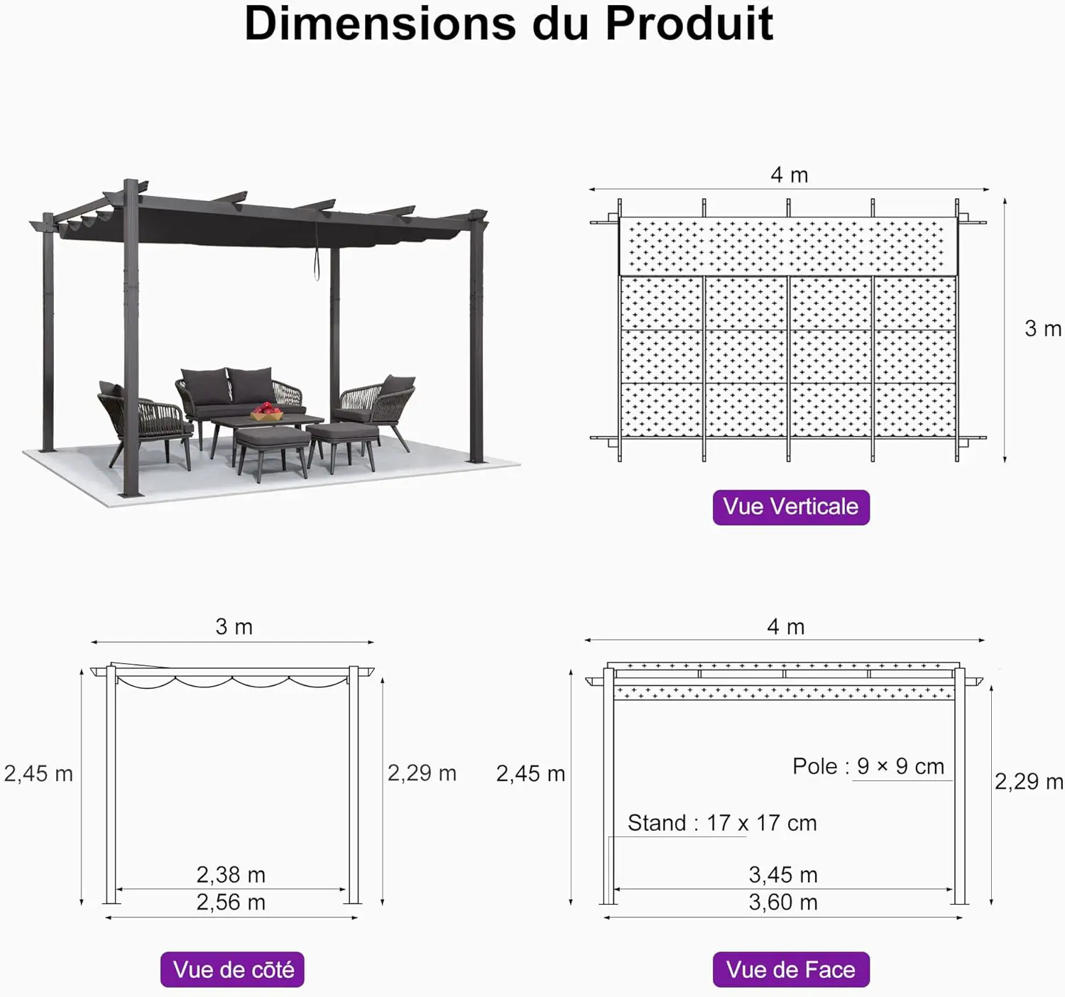 Pergola en aluminium gris 4x3 m vue 3