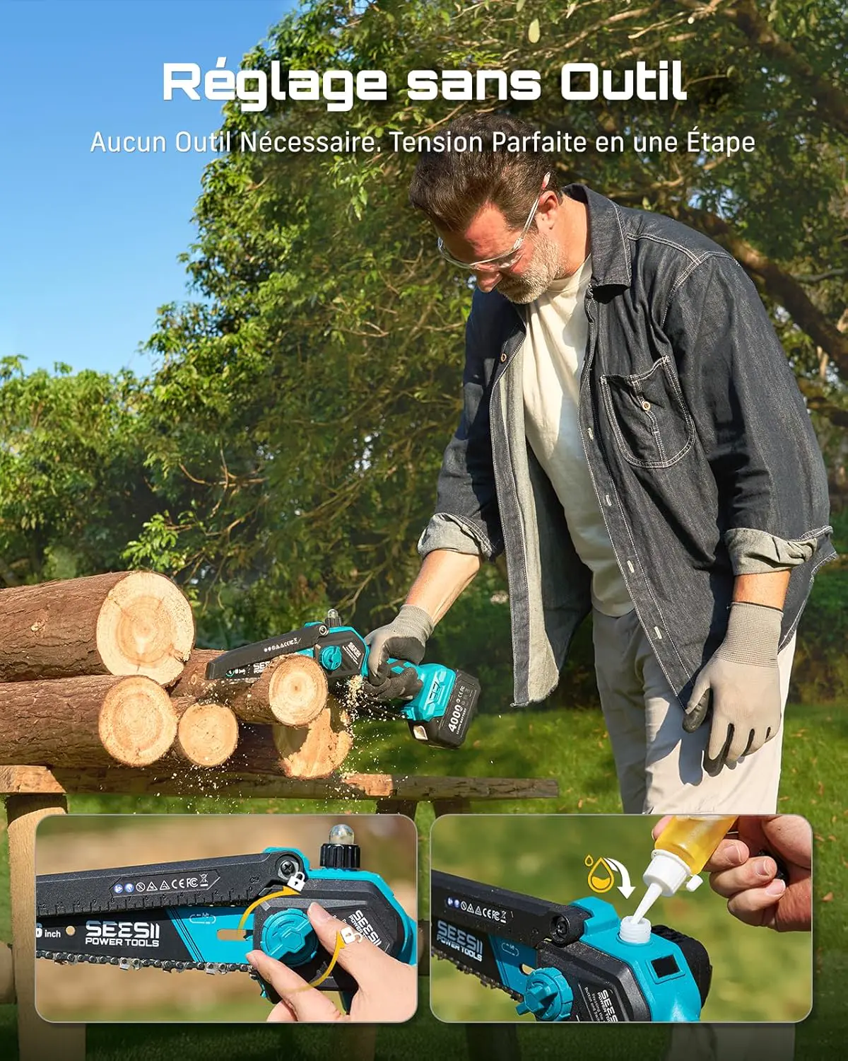 Tronçonneuse à batterie en bois vue 8