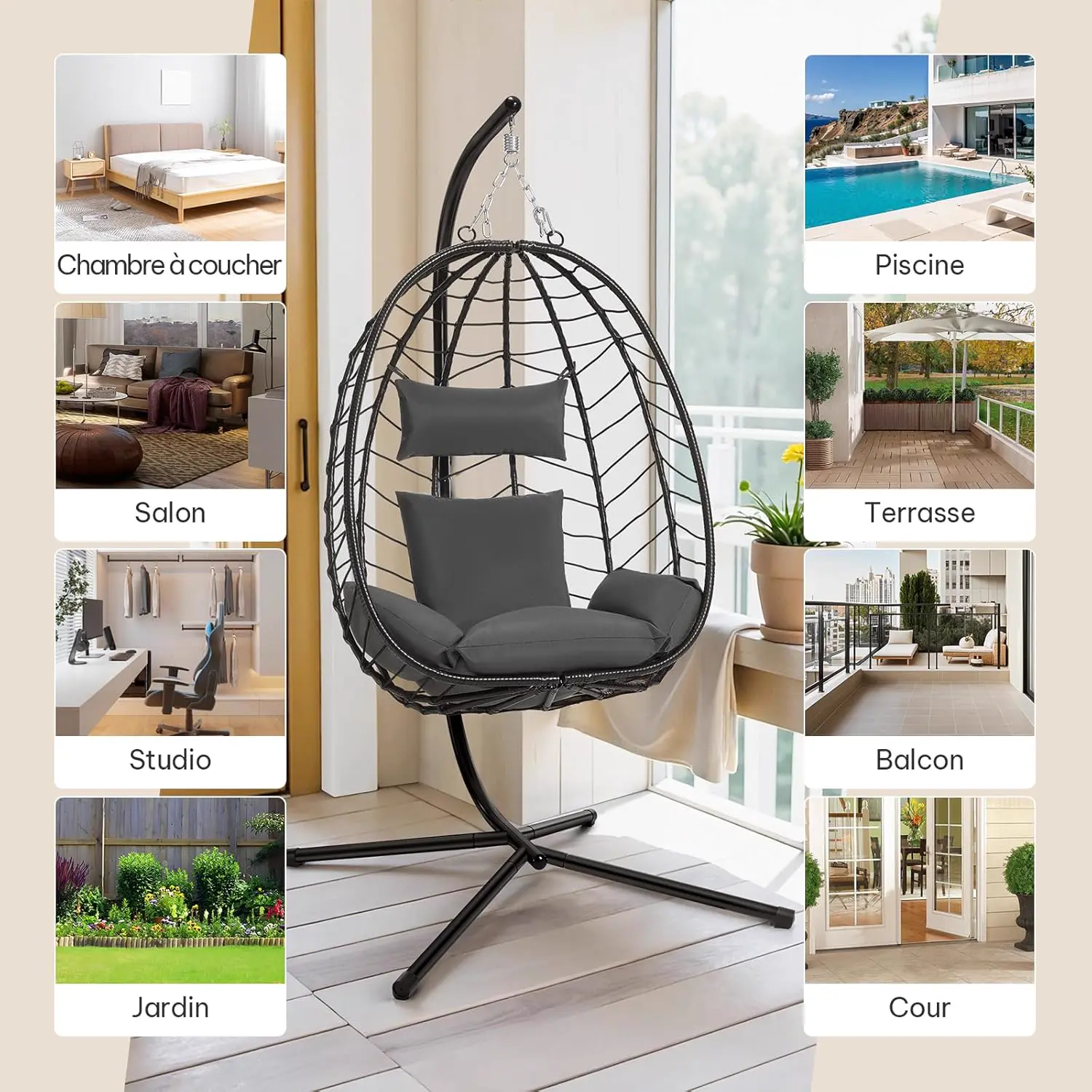 Fauteuils suspendus en rotin gris vue 8