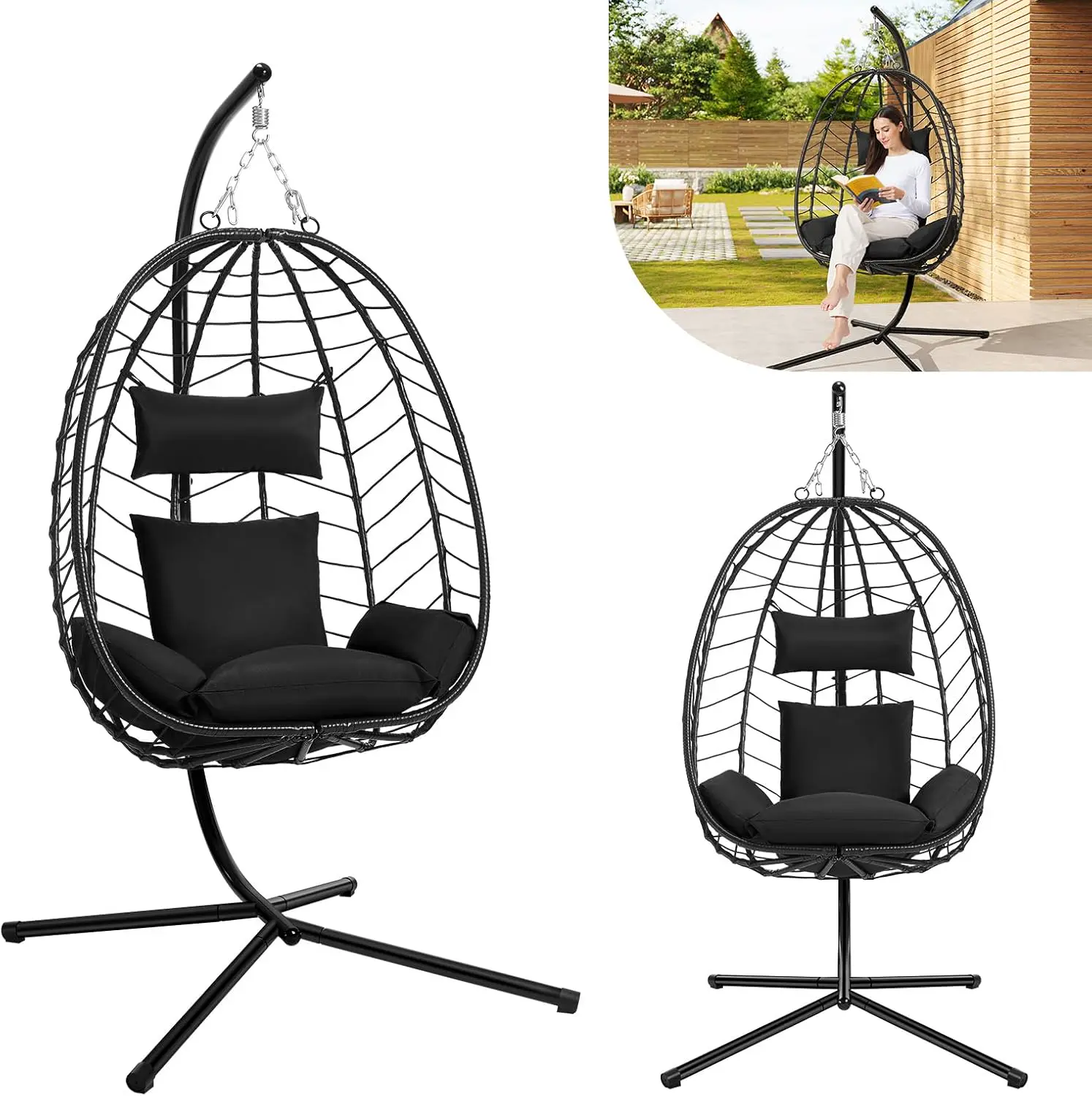 Fauteuils suspendus en rotin anthracite vue 1