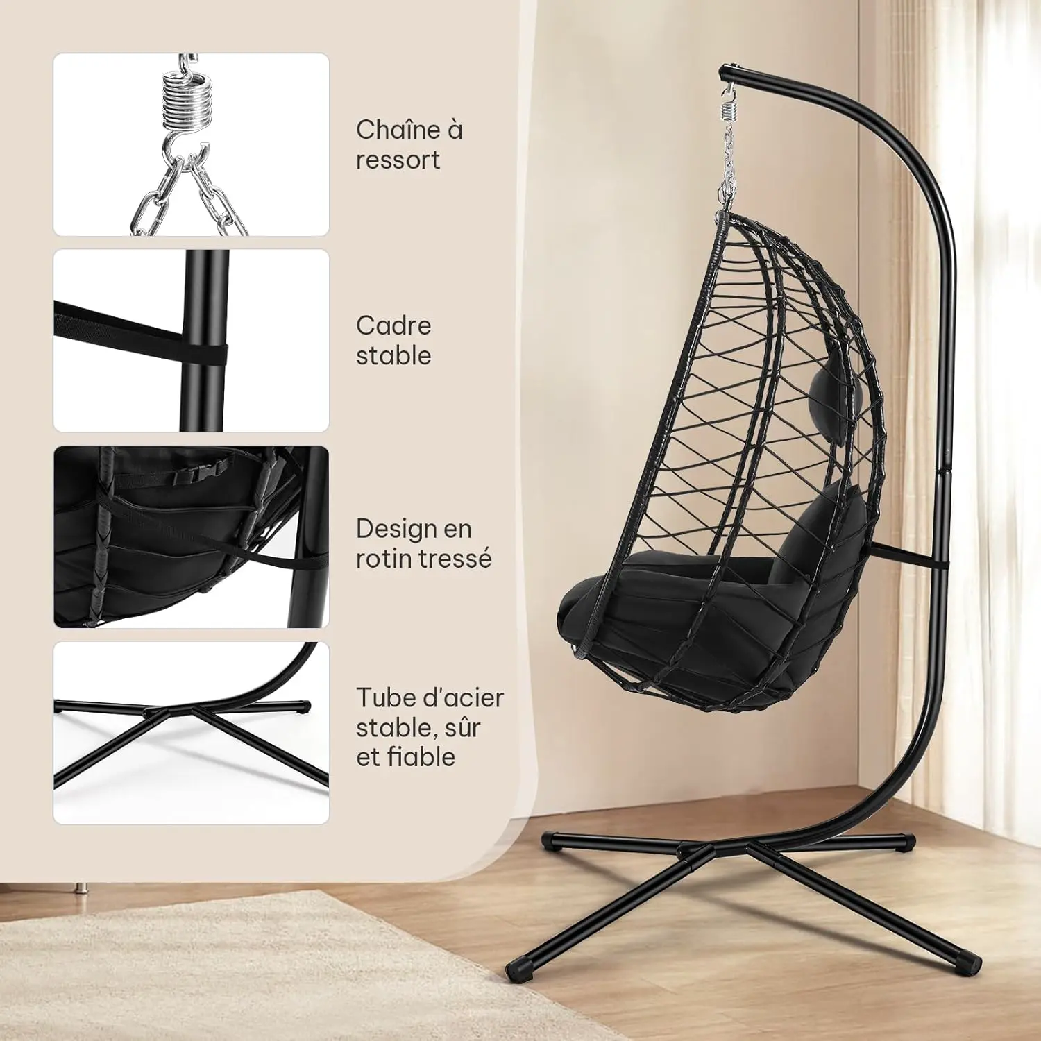 Fauteuils suspendus en rotin anthracite vue 5