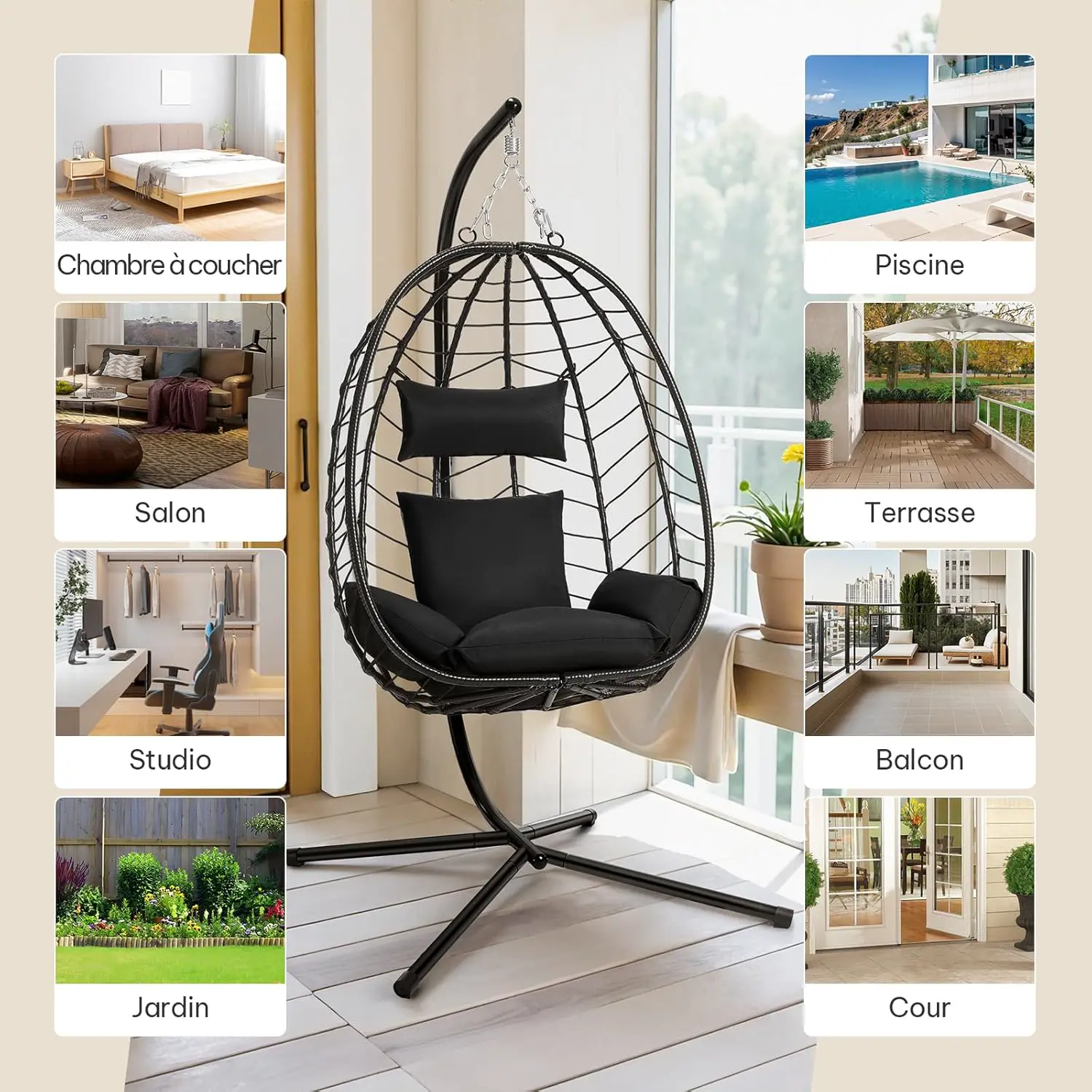 Fauteuils suspendus en rotin anthracite vue 8