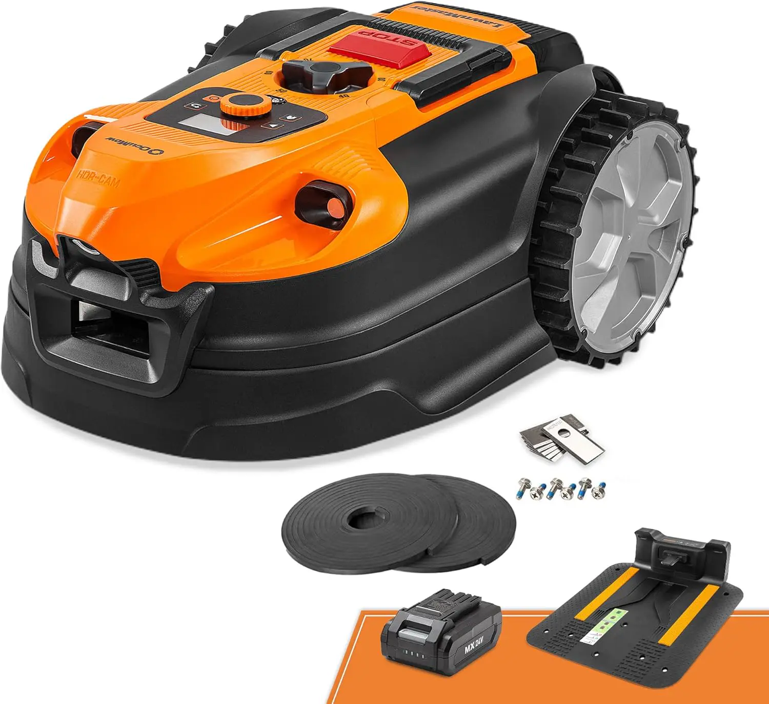 Robot tondeuse jaune vue 1
