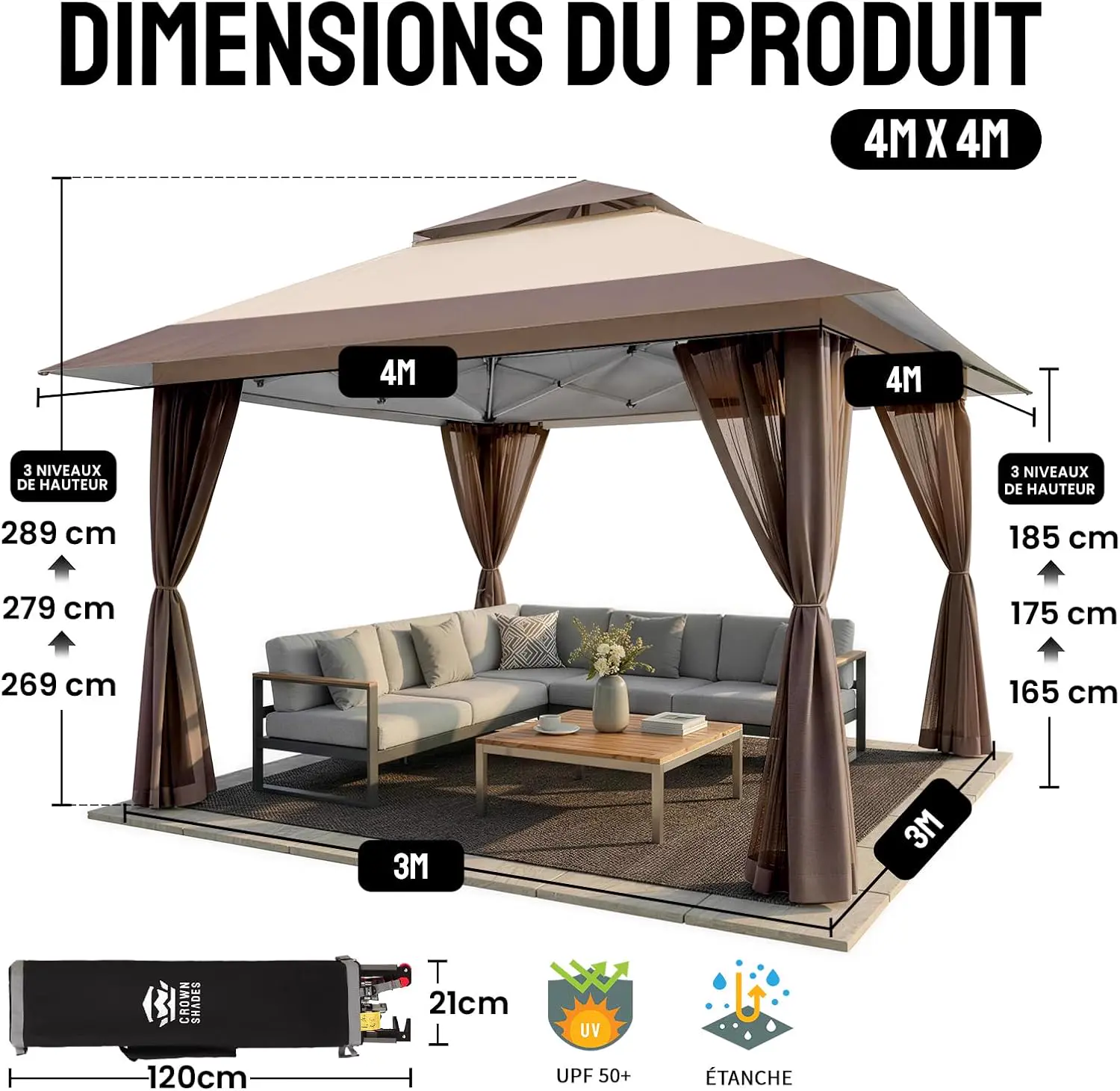 Tonnelle en métal beige 4x4 m vue 2