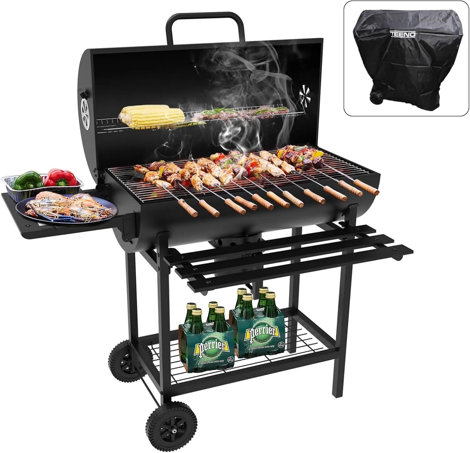 TEENO Chariot à Barbecue de Bois,Grill XXL à Charbon avec Couvercle
