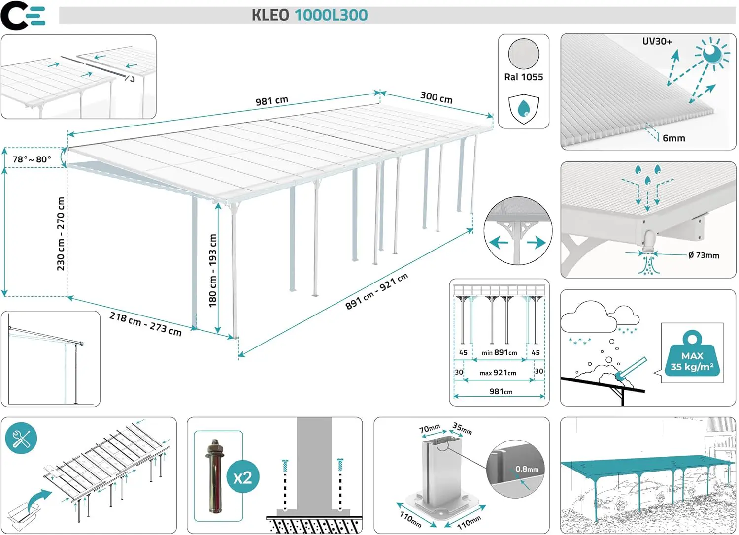 Pergola en aluminium blanc 10x3 m adossée vue 2