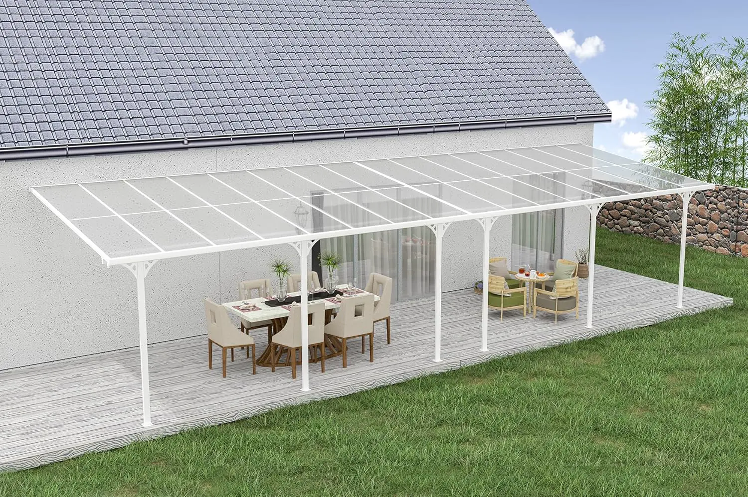 Pergola en aluminium blanc 10x3 m adossée vue 6