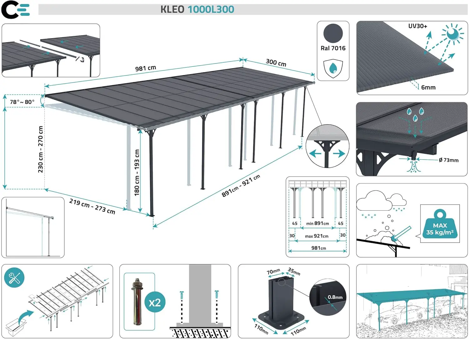 Pergola en aluminium gris 10x3 m adossée vue 2