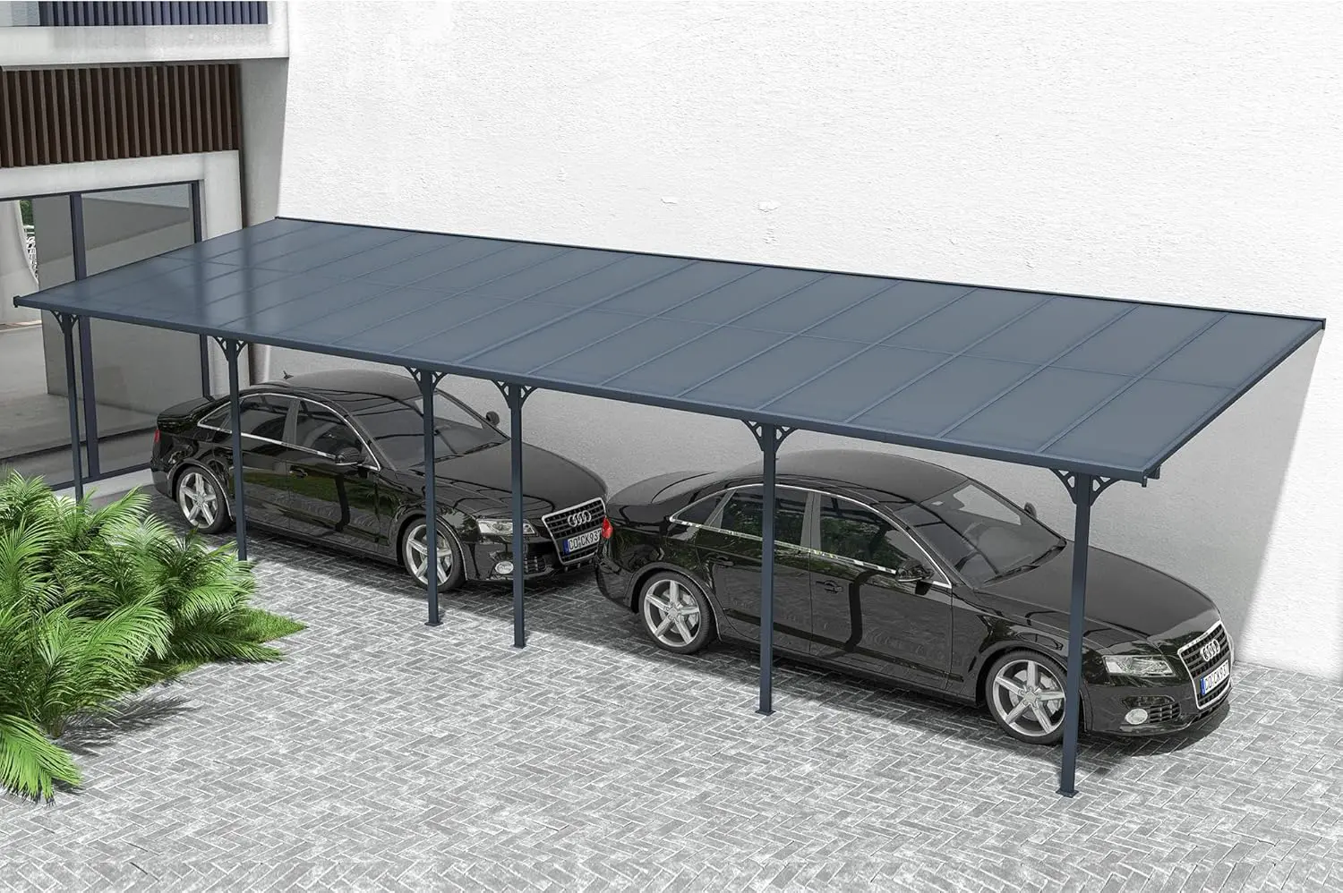 Pergola en aluminium gris 10x3 m adossée vue 6