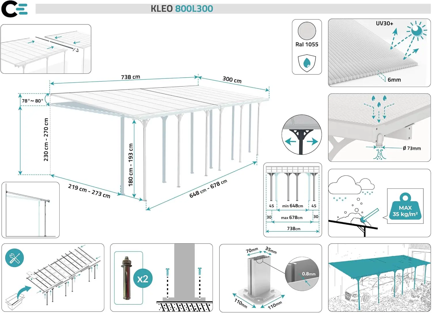 Pergola en aluminium blanc 8x3 m adossée vue 2