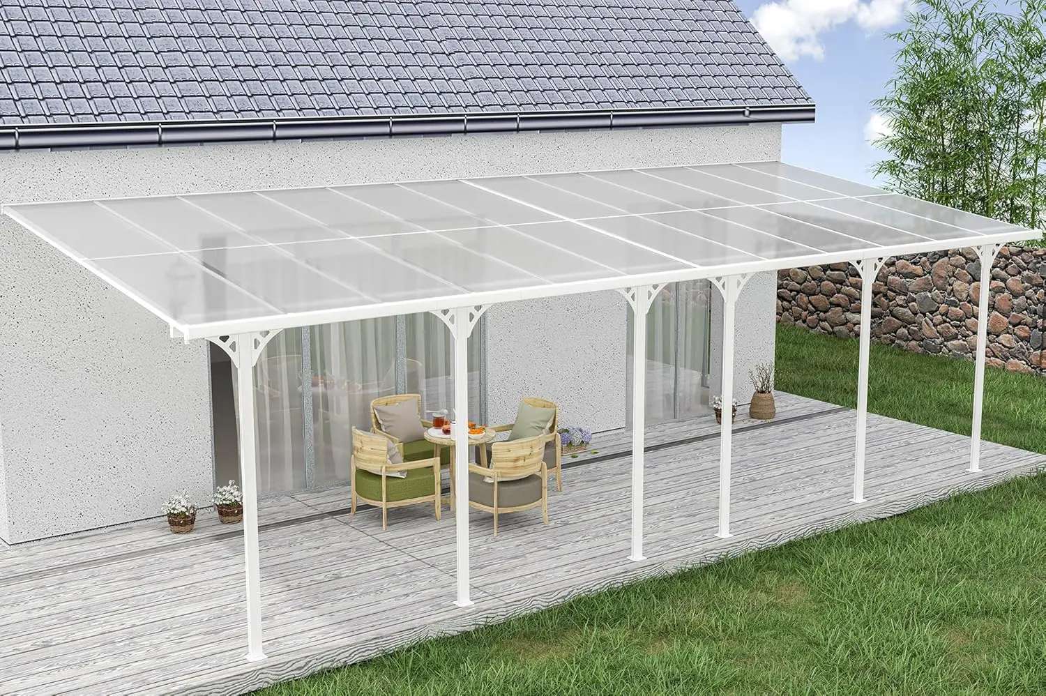 Pergola en aluminium blanc 8x3 m adossée vue 6