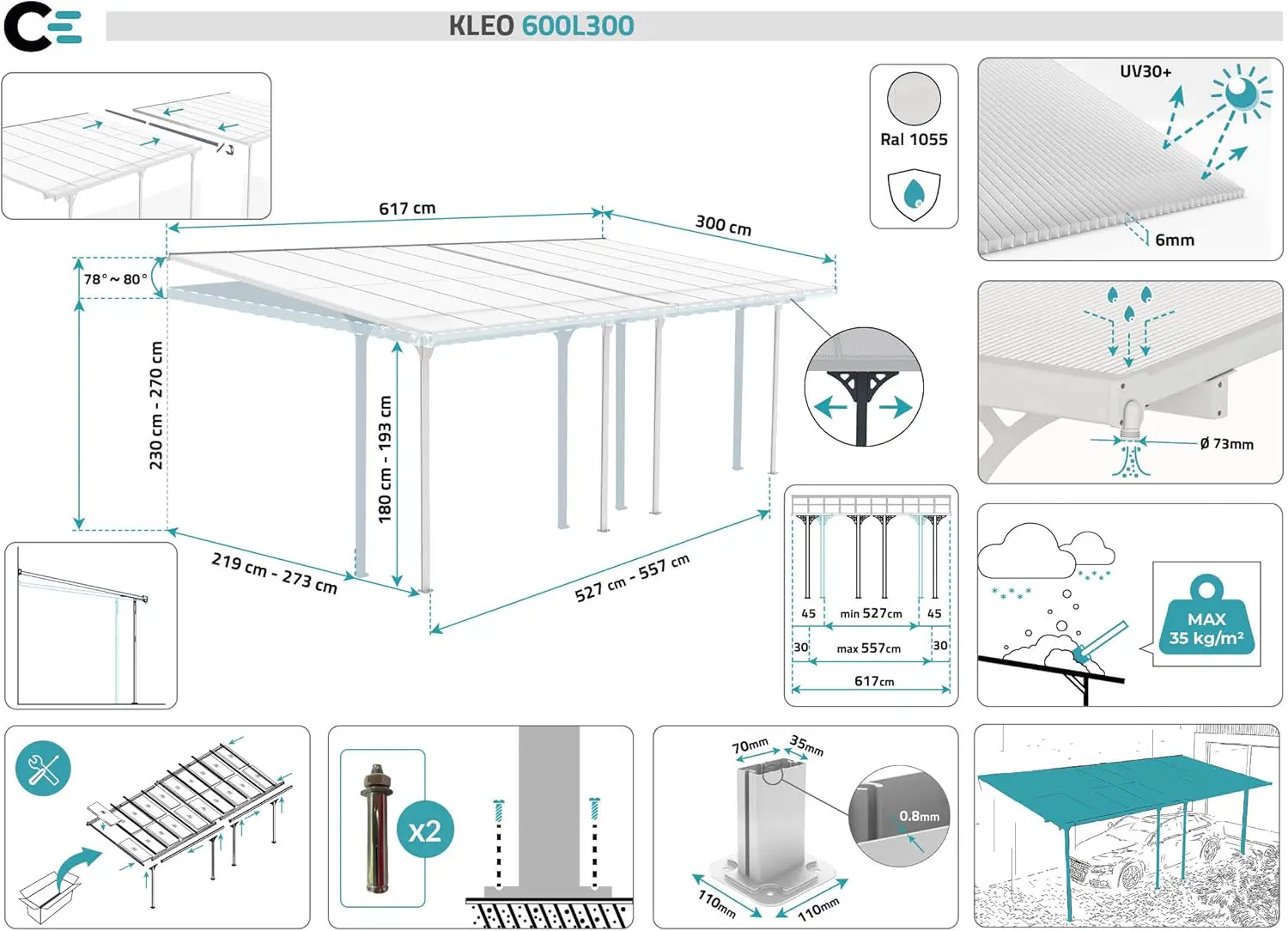 Pergola en aluminium blanc 6x3 m vue 2