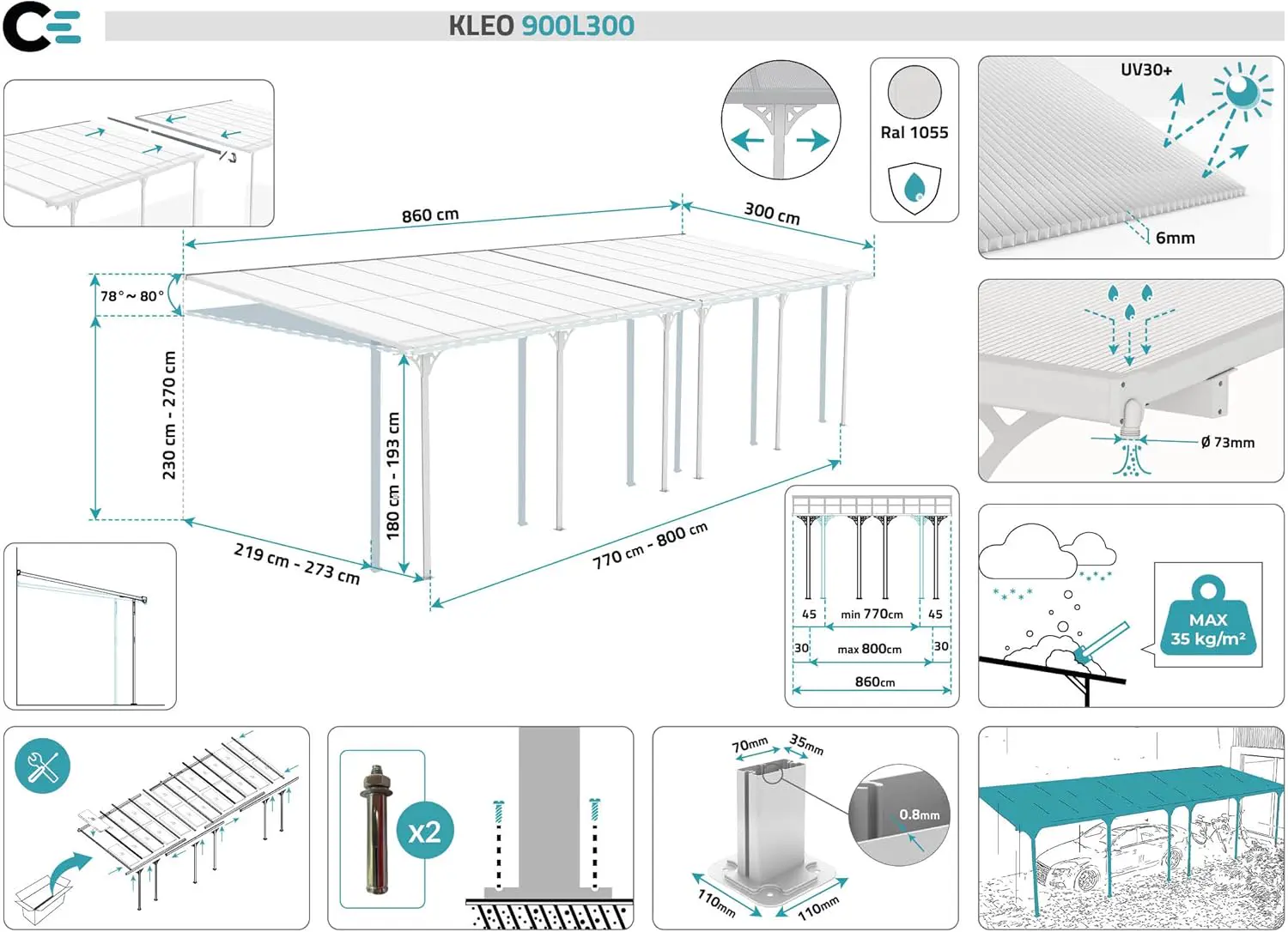 Pergola en aluminium blanc 9x3 m adossée vue 2