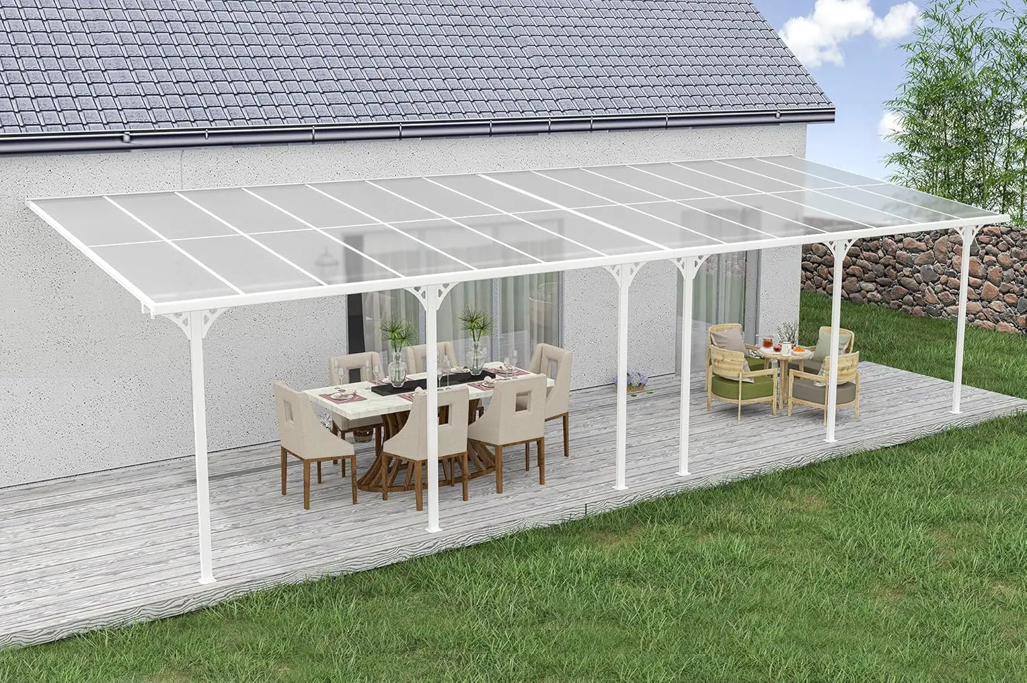 Pergola en aluminium blanc 9x3 m adossée vue 6