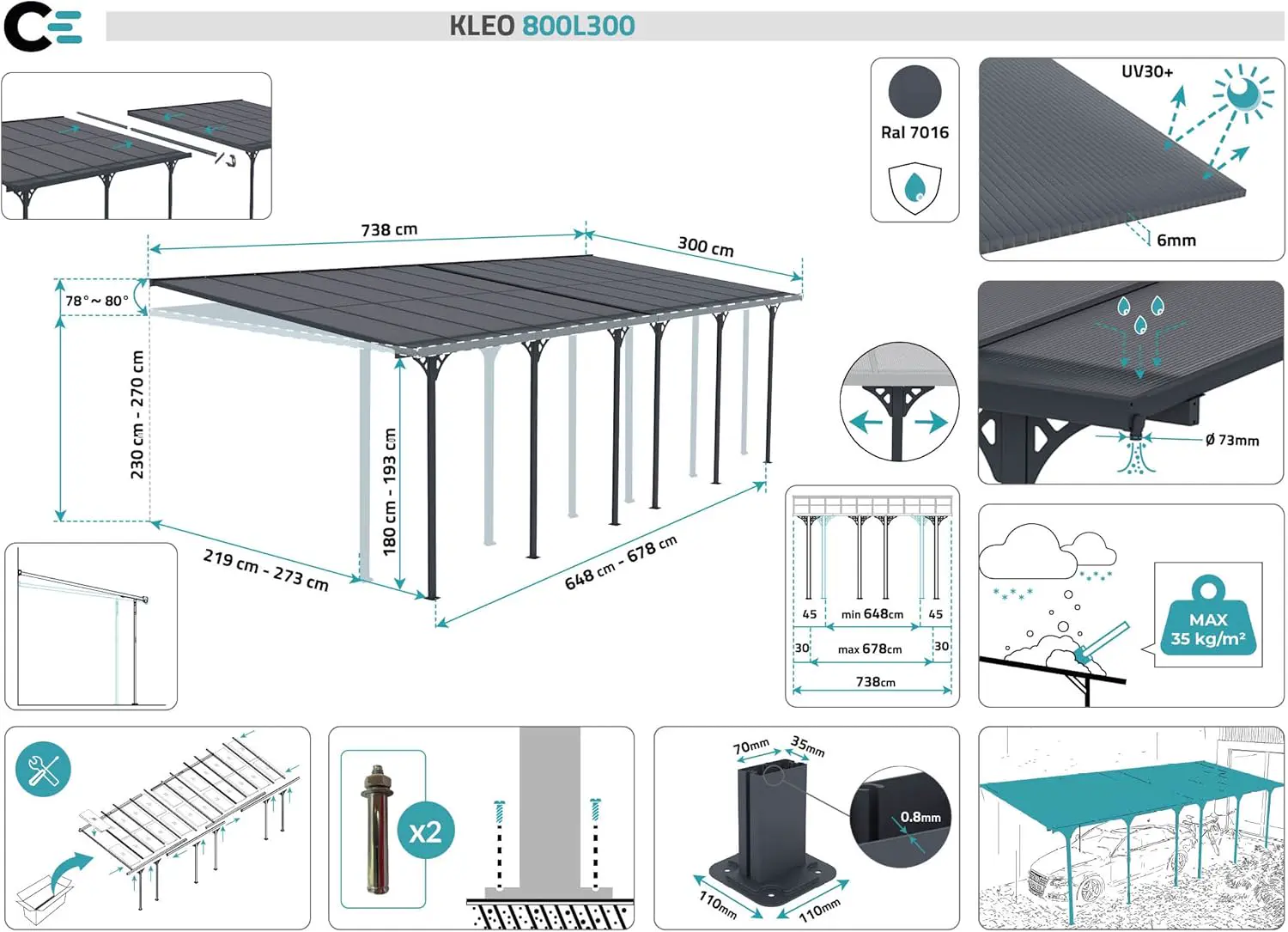 Pergola en aluminium gris 5x3 m adossée vue 2