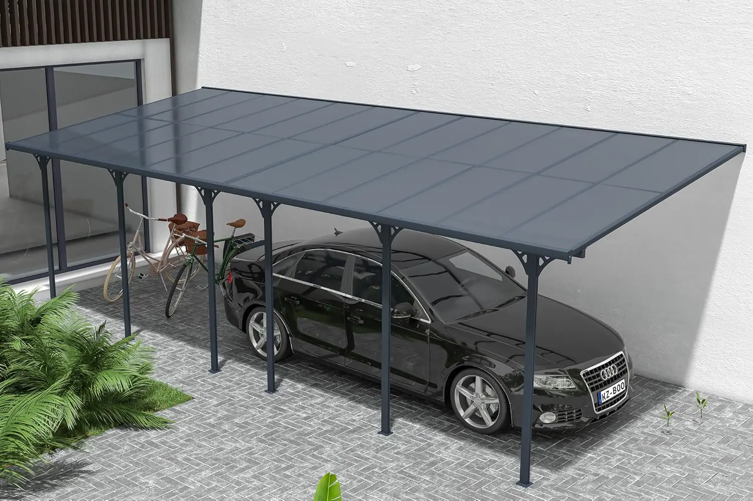 Pergola en aluminium gris 5x3 m adossée vue 6
