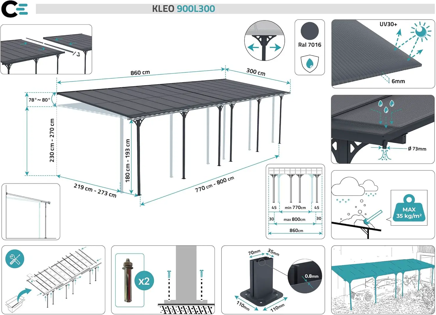 Pergola en aluminium gris 9x3 m adossée vue 2